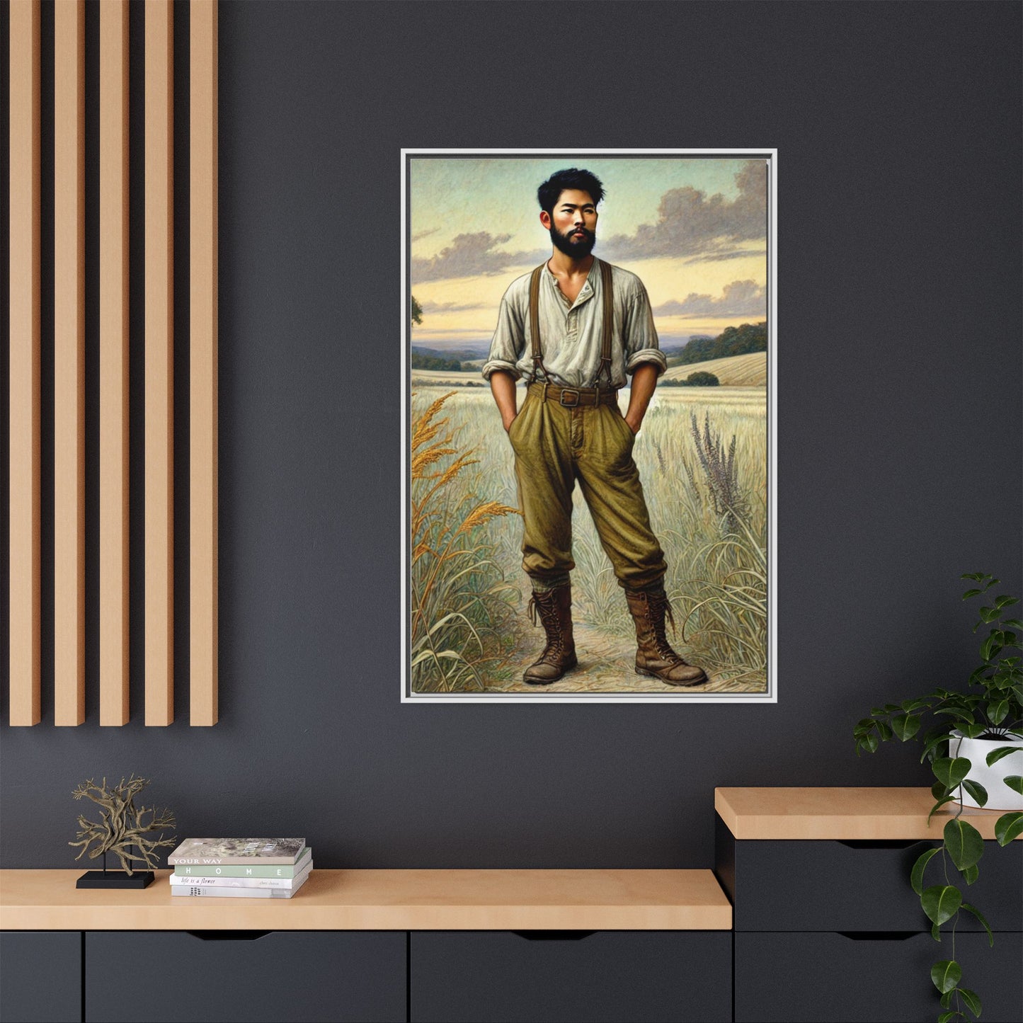 Framed artwork of an Asian-American farmer in 19th-century attire, inspired by Walt Whitman’s Leaves of Grass and Song of Myself, set against a serene rural backdrop of golden wheat fields and rolling hills.