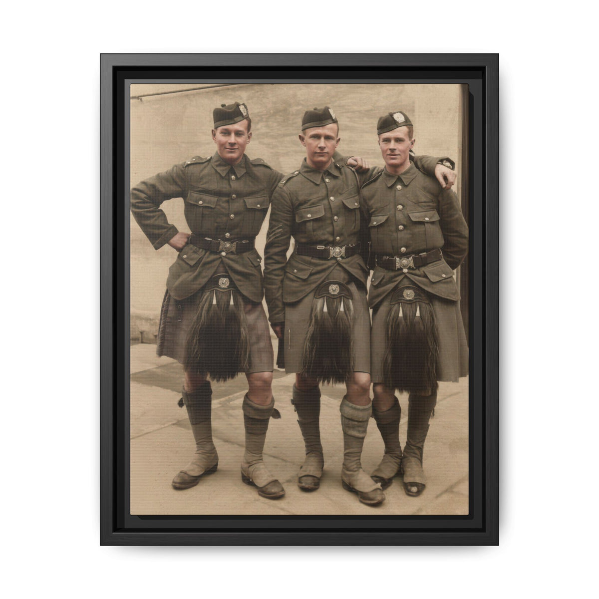 Restored colorized portrait of three soldiers in kilts, Glengarry caps, and long-haired sporrans against an exterior wall.