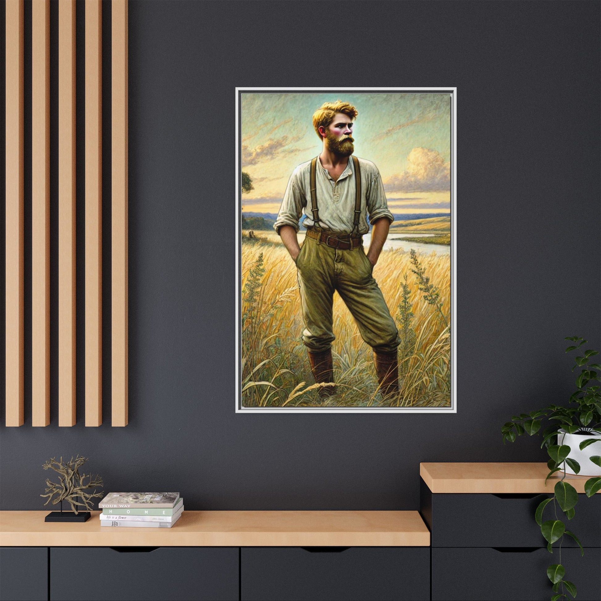 Framed artwork of a confident farmer in 19th-century attire, standing in a golden wheat field, inspired by Walt Whitman’s Song of Myself in Leaves of Grass.