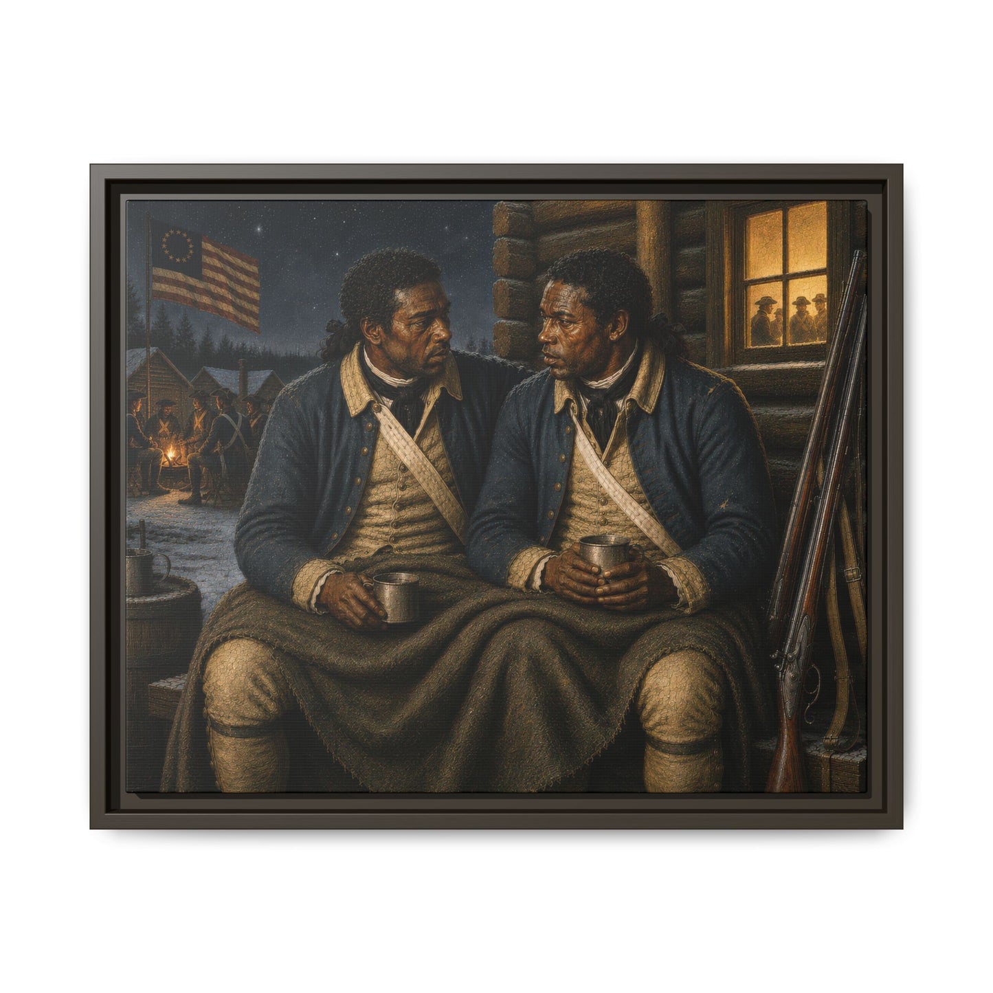 Black Continental Army soldiers seated beneath a shared blanket in a Revolutionary War winter encampment museum-style portrait. 