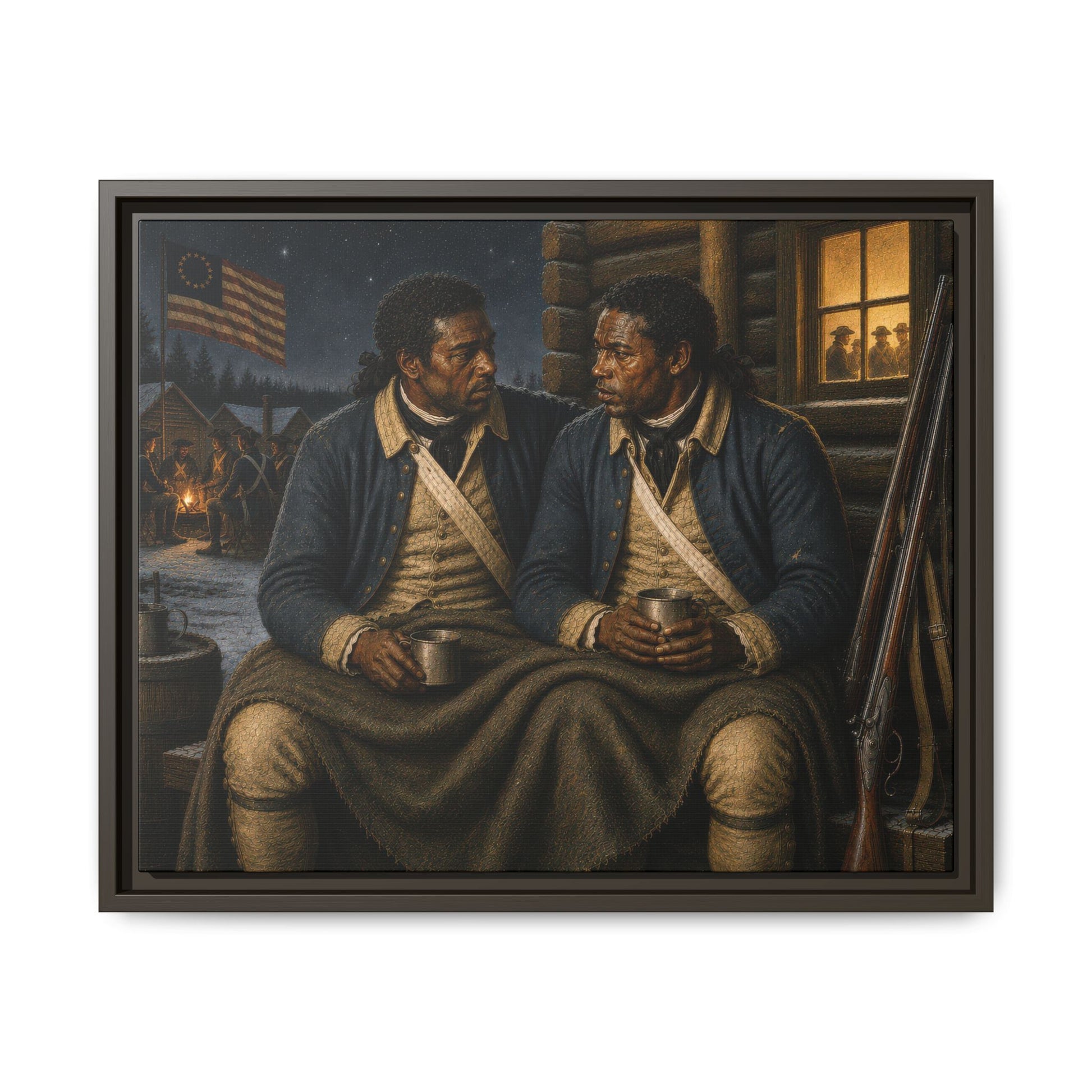 Black Continental Army soldiers seated beneath a shared blanket in a Revolutionary War winter encampment museum-style portrait. 