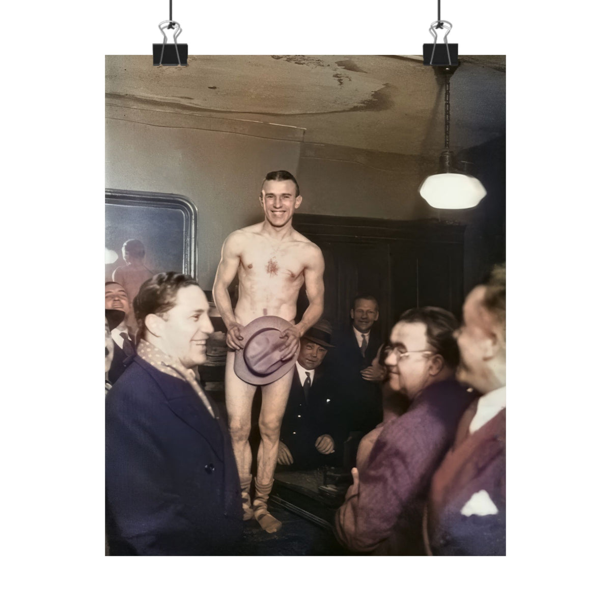 Restored historical photograph showing a hanging lamp, wall mirror, and men in suits surrounding a smiling elevated performer.