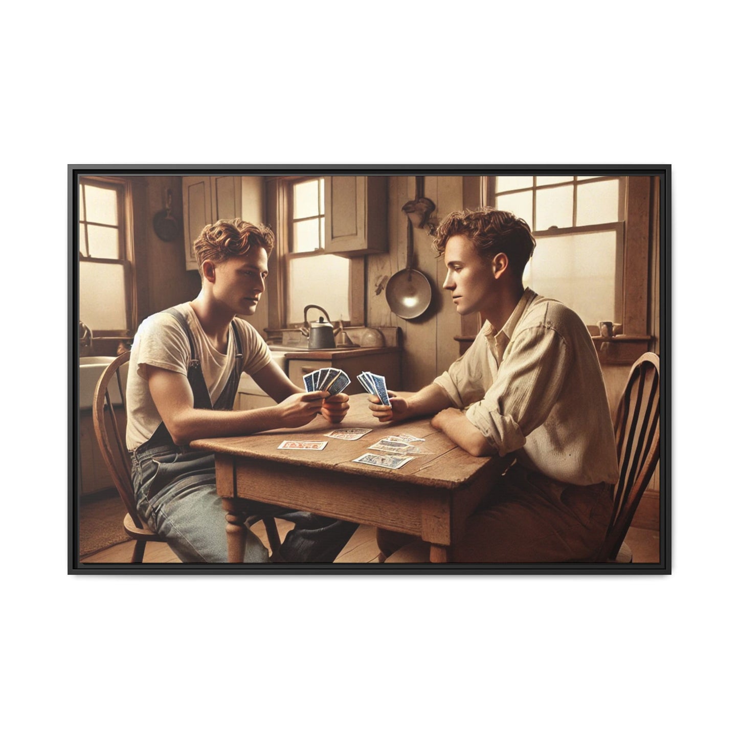 Intimate queer couple in a vintage kitchen, celebrating love and history