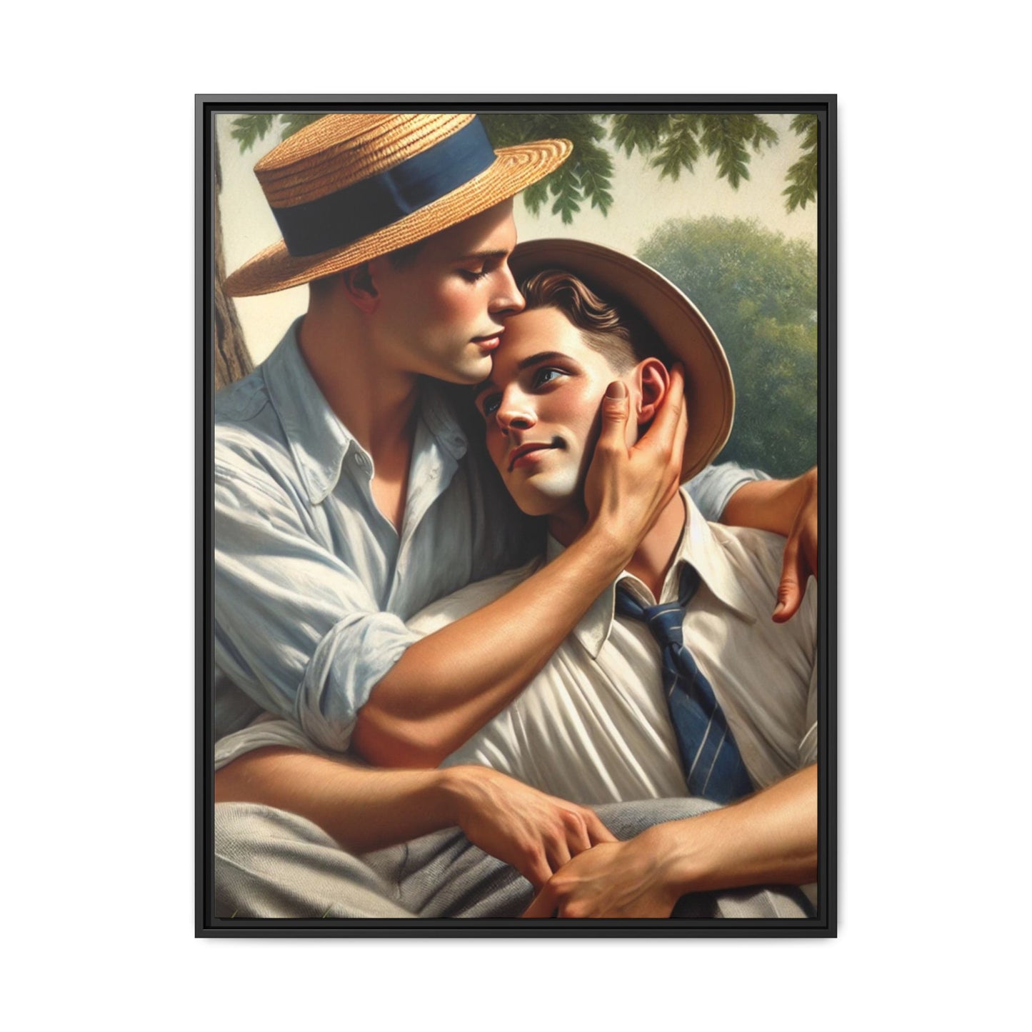 Vintage-style artwork of a gay couple in a sunlit meadow, sharing an affectionate moment in the 1930s