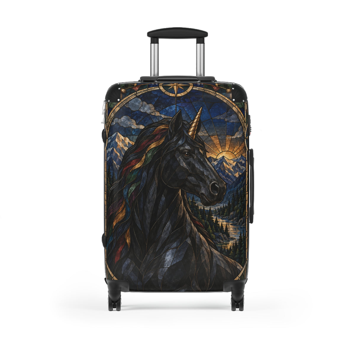 Guardian of the Rainbow Vale | Black Unicorn Stained-Glass Carry-On Suitcase