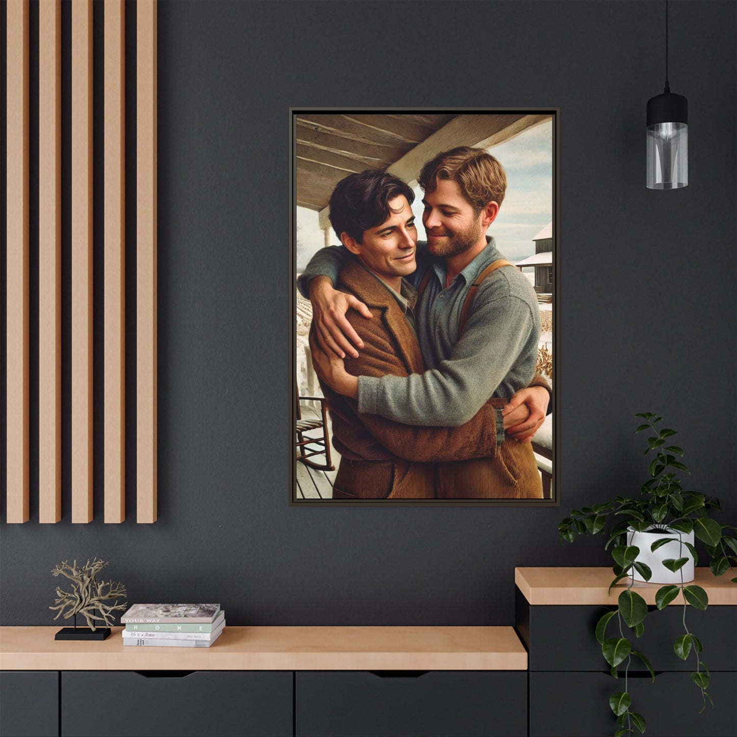 Artwork of a tender moment between two men embracing on a rustic farm porch in 1930s-style clothing. Set against a snowy, vintage rural backdrop, this image captures LGBTQ+ love and connection with a nostalgic Americana feel