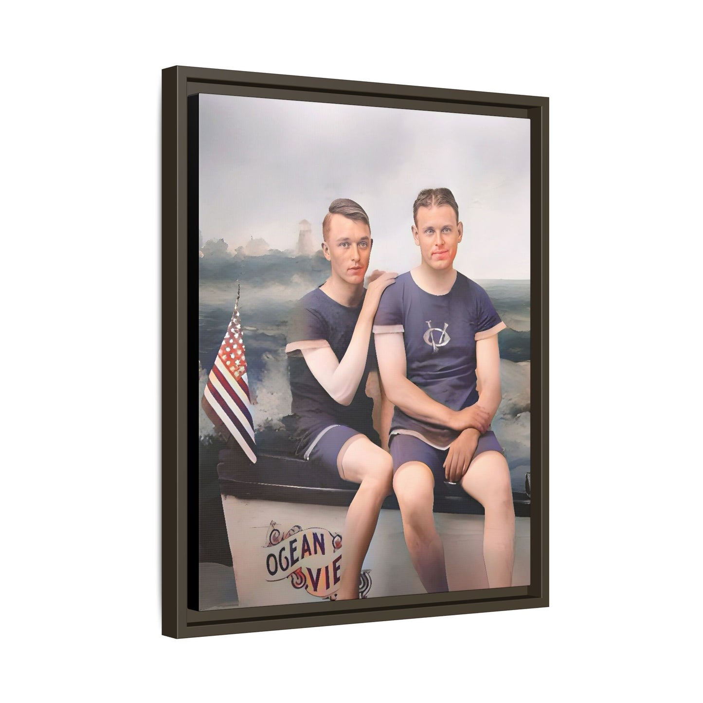 Restored vintage 1920s photo of Lee & Gerald, a gay couple in nautical swimwear by the ocean in Jacksonville FL, framed canvas art.