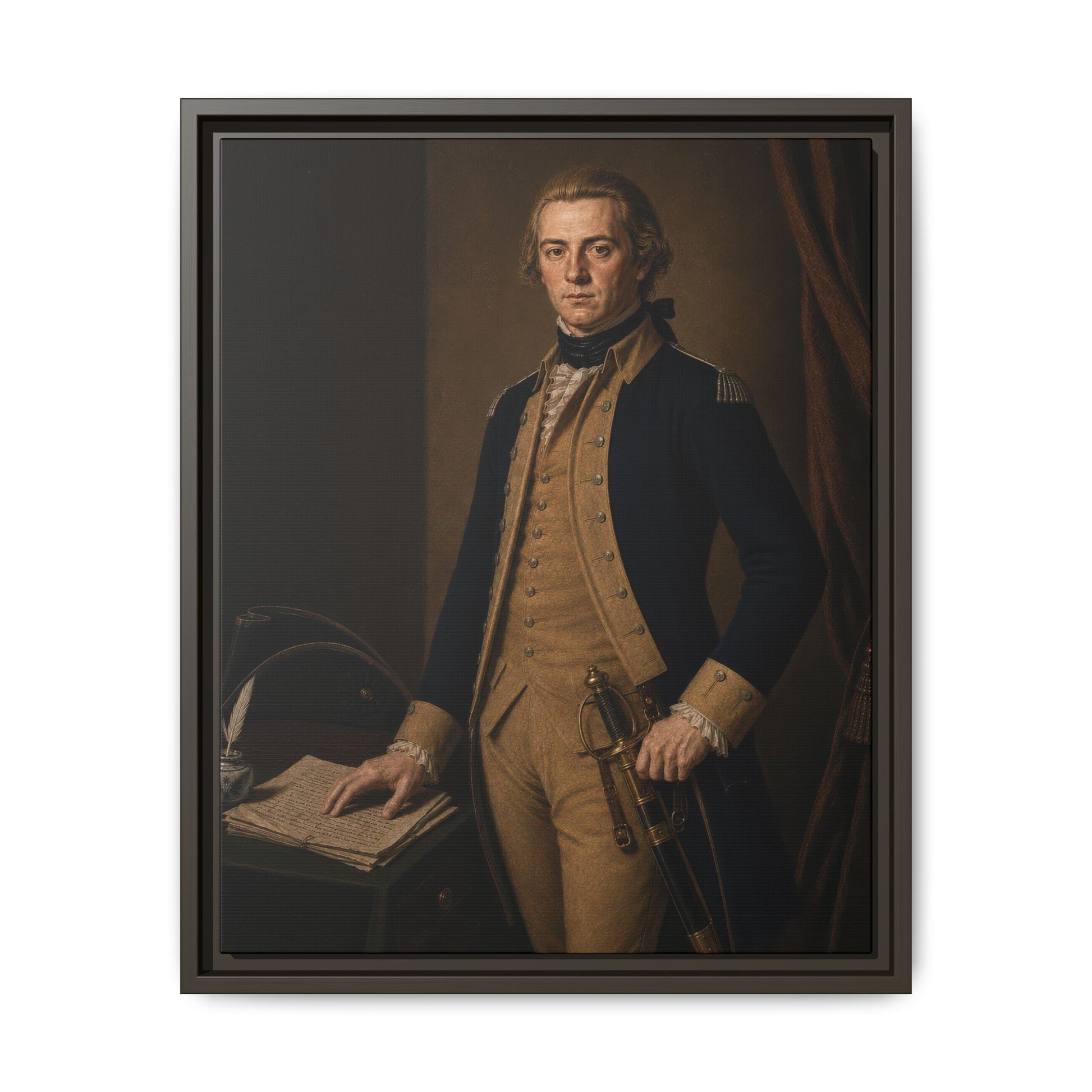 Museum-style oil portrait of Lieutenant Gotthold Frederick Enslin in a blue Continental Army officer's coat with sword and tricorn.