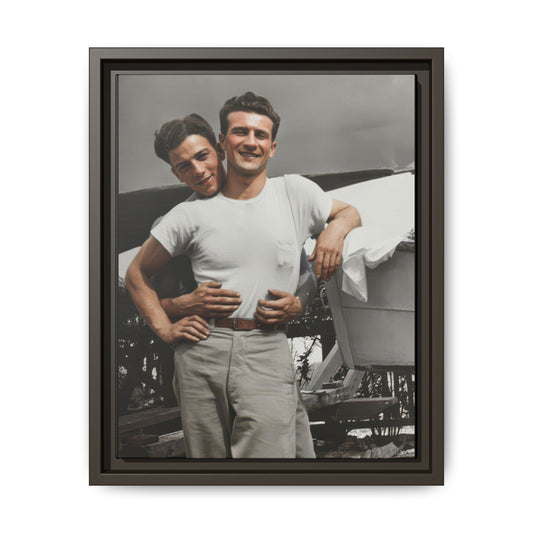 Mid-20th century historical photograph reproduction with close pose and shoreline setting