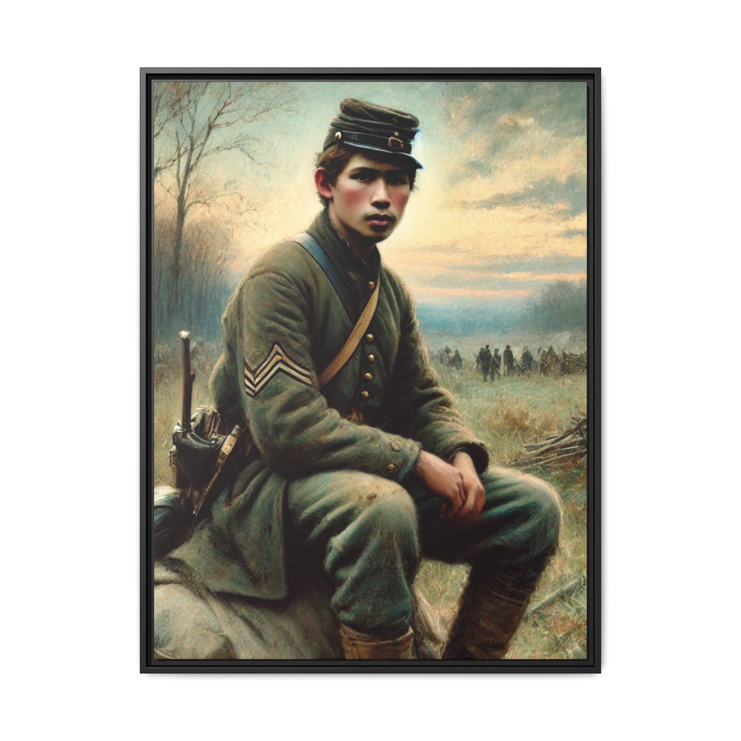 Framed artwork of a Civil War Union soldier inspired by Walt Whitman’s Leaves of Grass and Drum-Taps, depicting themes of sacrifice, strength, and vulnerability amidst a 19th-century battlefield.