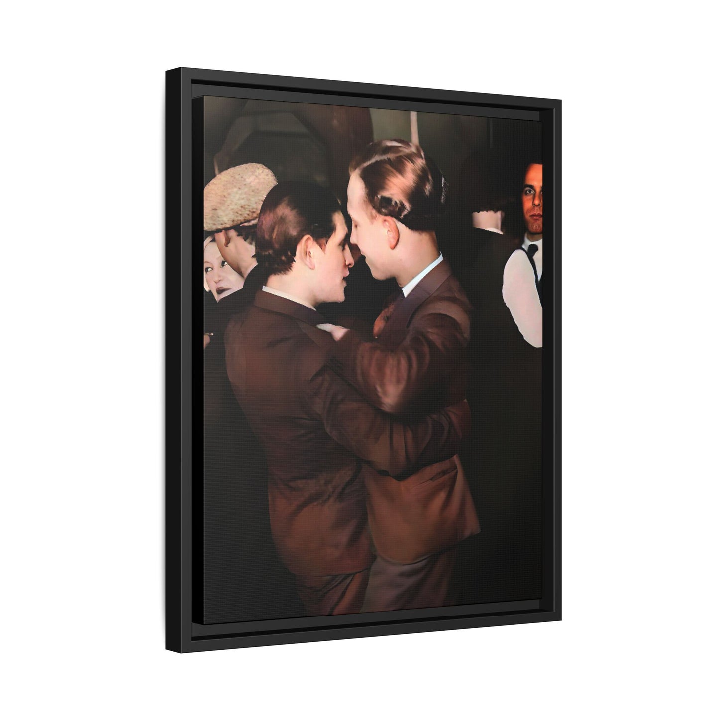 Restored vintage photo of Bernard & Leroy, a gay couple dancing at an elegant gathering in Atlanta GA, framed canvas art.