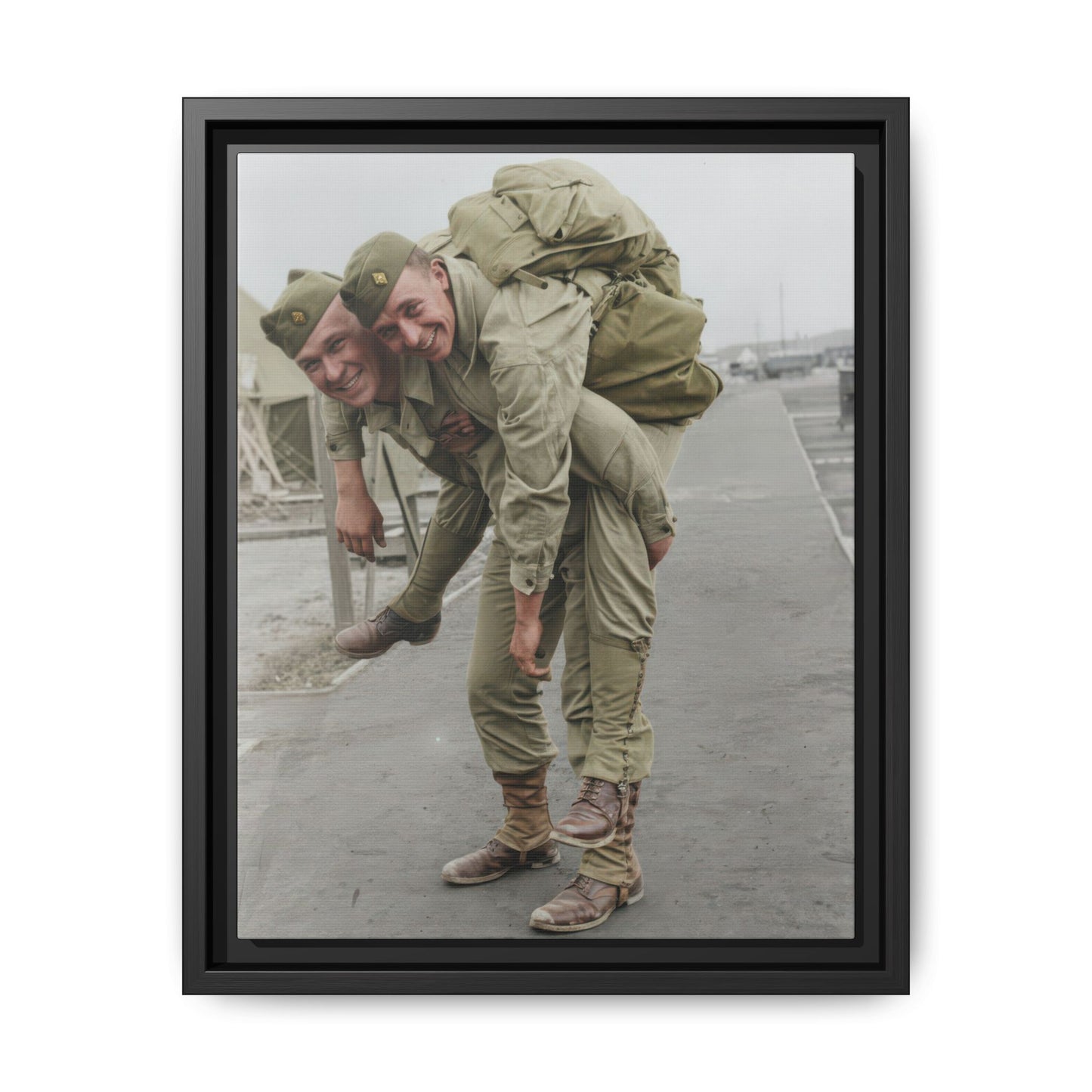 Two uniformed men outdoors in a piggyback pose in a vintage photograph reproduction