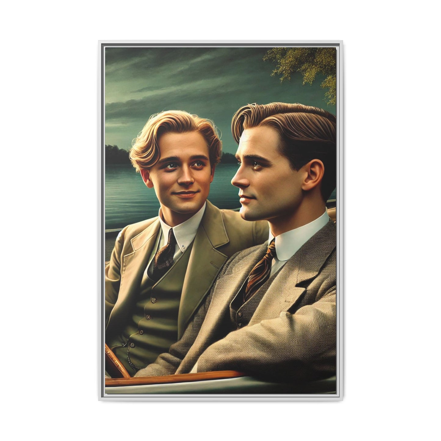 Vintage-style artwork of a gay couple from the 1930s in a Packard car by the Mississippi River, celebrating love and inclusivity.