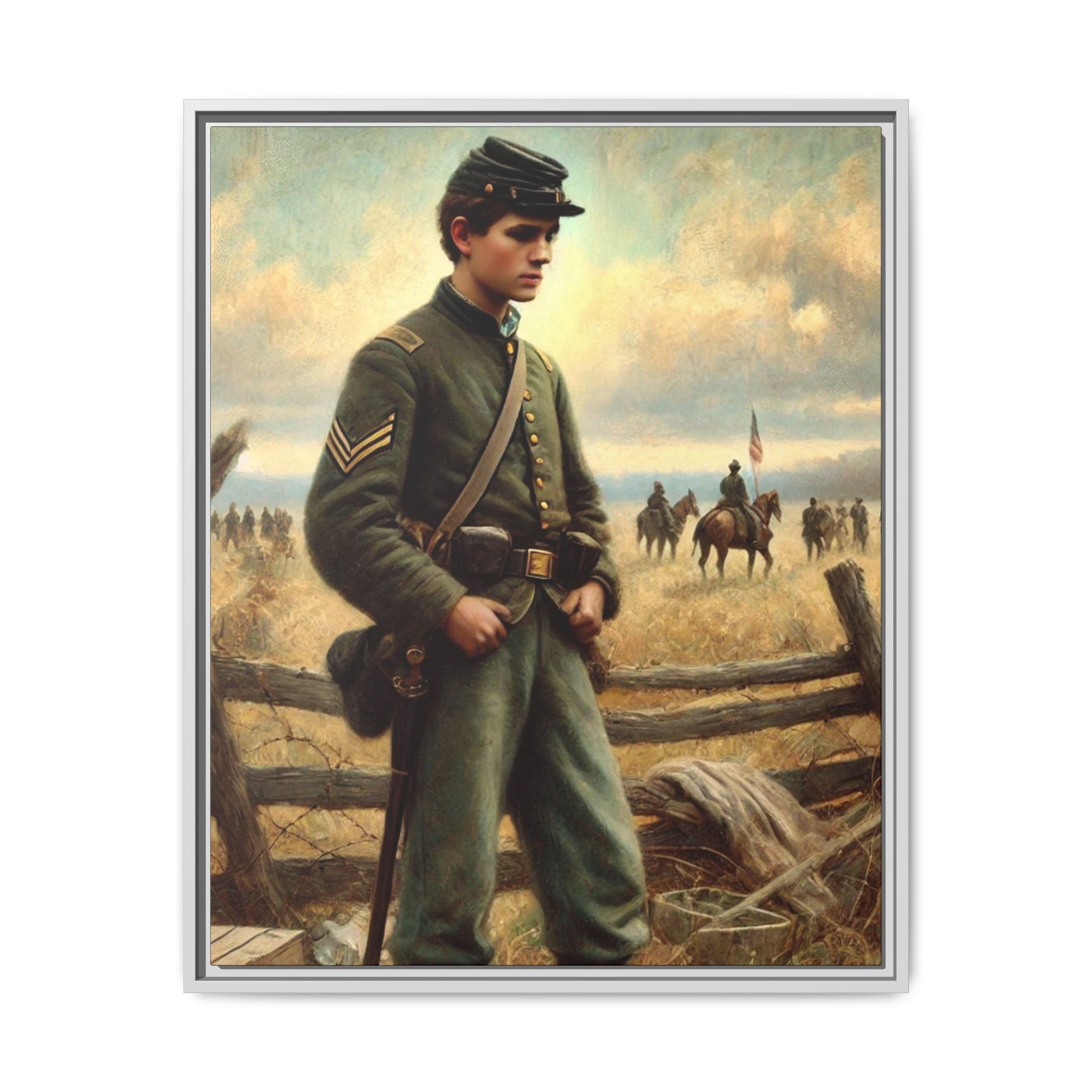 Framed artwork of a young Civil War Union soldier inspired by Walt Whitman’s Drum-Taps poems and Grant Wood's style, depicting battlefield sacrifice, humanity, and historical charm.