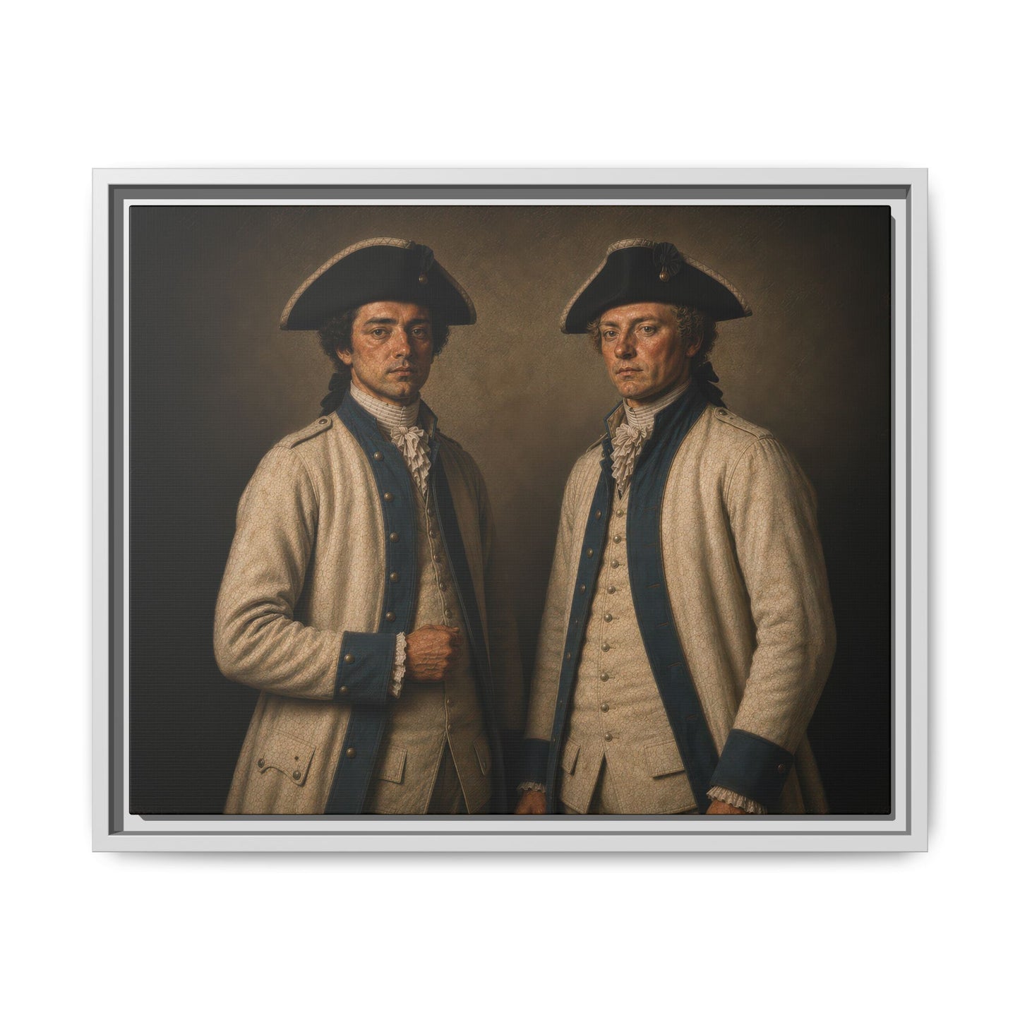Museum-inspired double portrait of French alliance soldiers from the American Revolution, framed matte canvas artwork