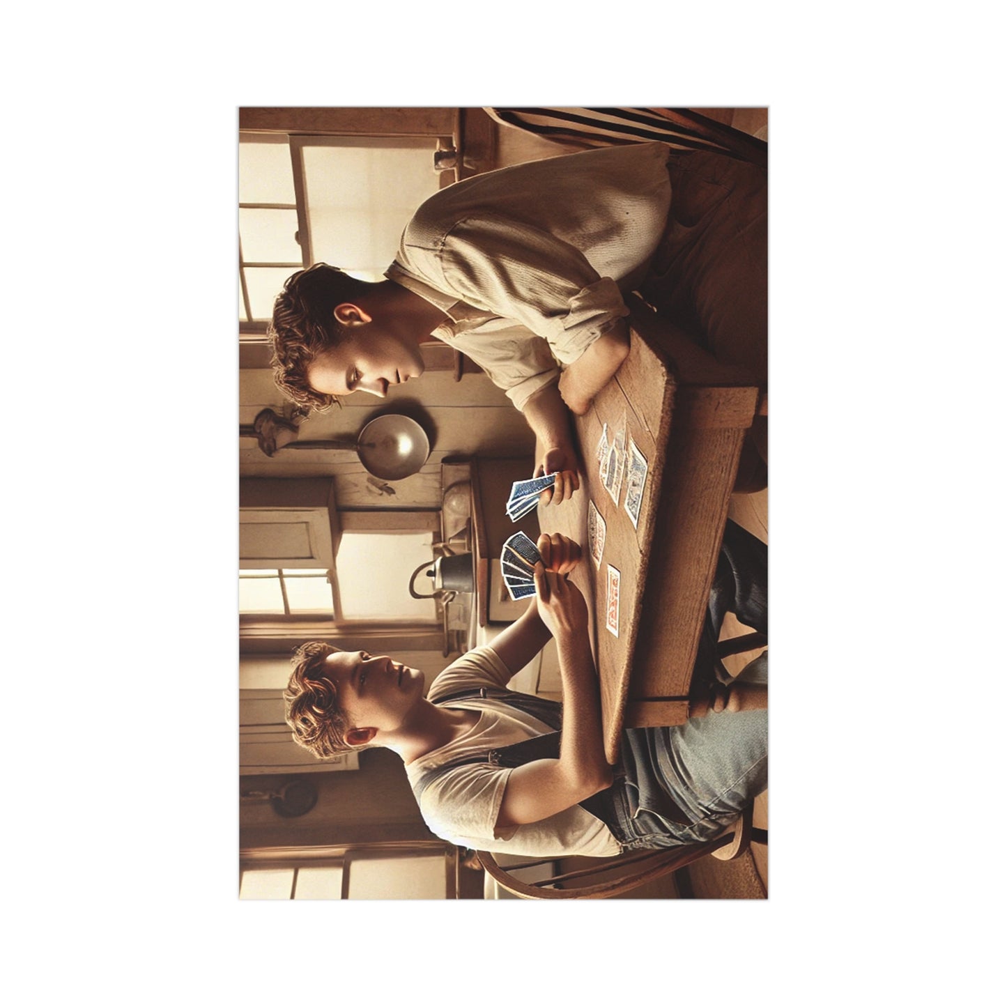 Heartwarming postcard set featuring a young queer couple playing cards in a rustic kitchen, evoking vintage Americana charm.