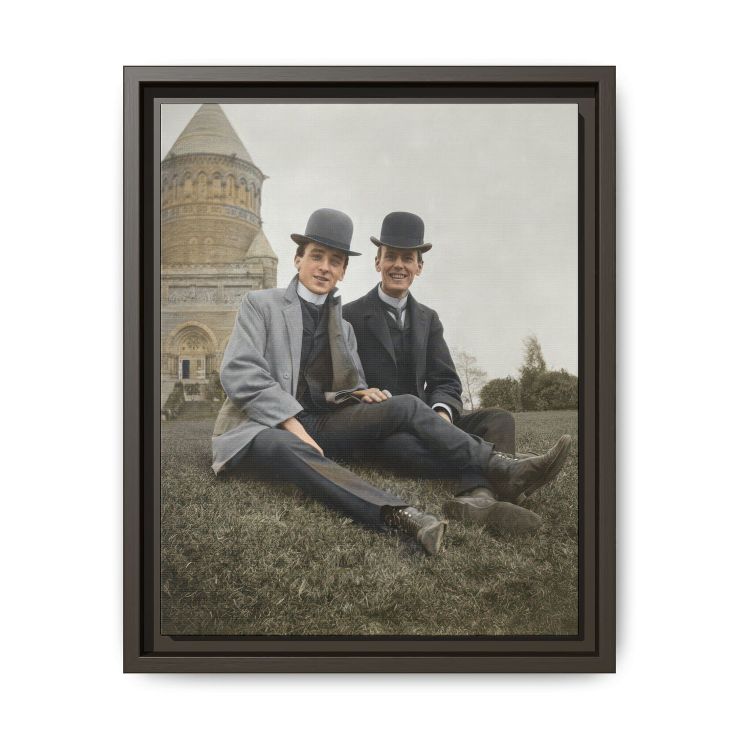 Vintage historical photograph wall art featuring two men in formal hats and coats on a grassy lawn