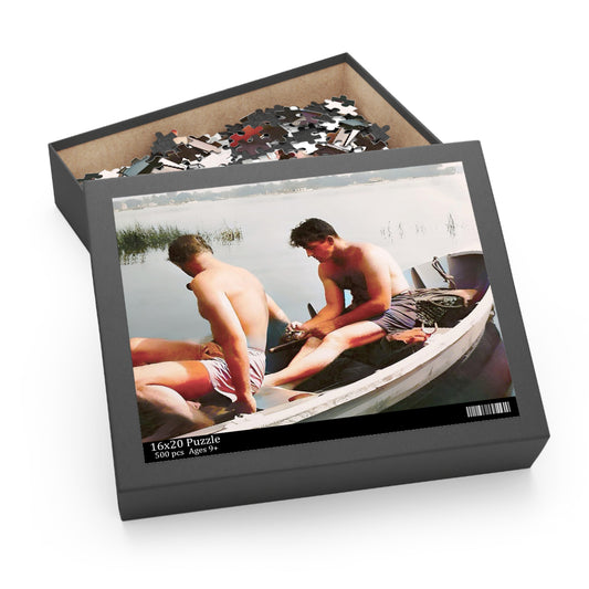 paire 035 | Jigsaw Puzzle (120, 252, 500-Piece) Vintage Two Men Boat Lake Queer LGBT Gift Lovers Gay