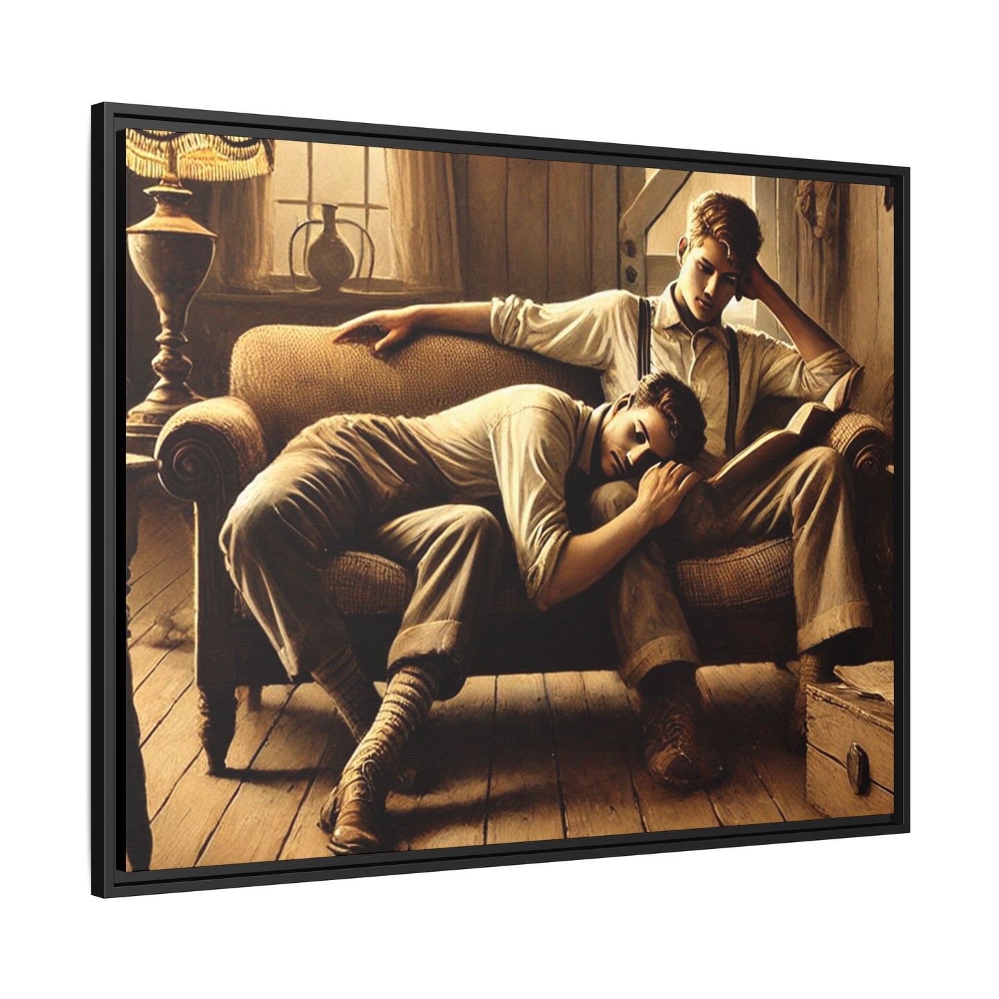 Art of a gay couple relaxing on a sofa in a rustic living room, inspired by Grant Wood’s Americana style.