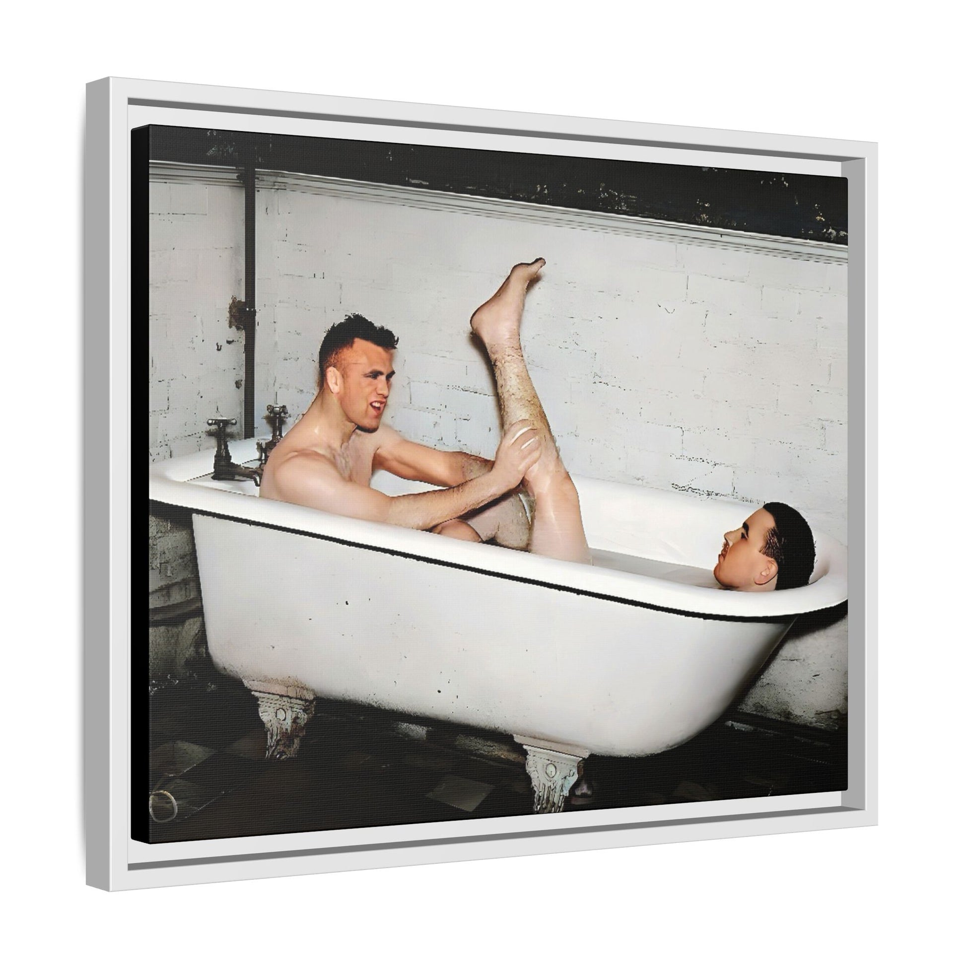 Restored vintage photo of Leon & Michael, a playful gay couple in a clawfoot bathtub, early 20th century, framed canvas.