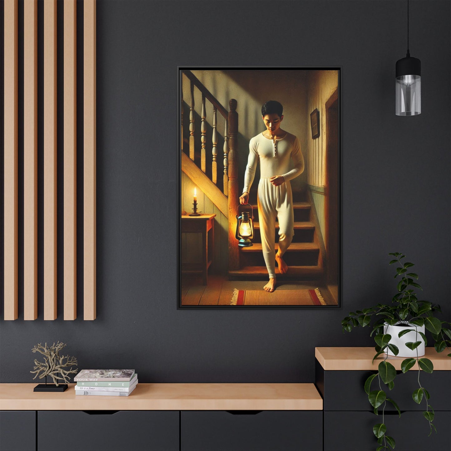 Framed artwork of an Asian-American man wearing long johns underwear holding a lantern on a staircase, inspired by Grant Wood’s style.