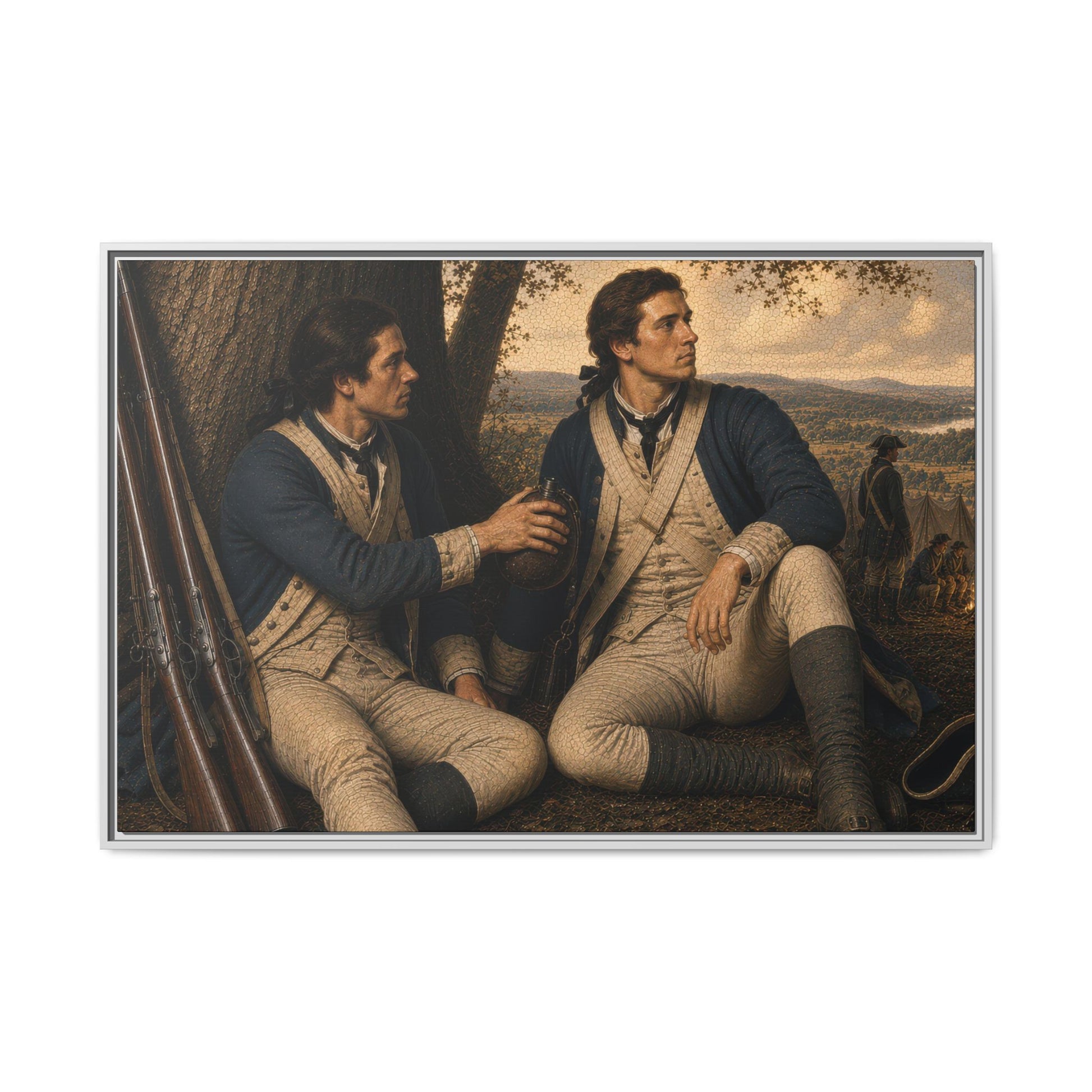 Eighteenth-century military portrait depicting two Continental Army soldiers beneath a tree overlooking a colonial encampment.
