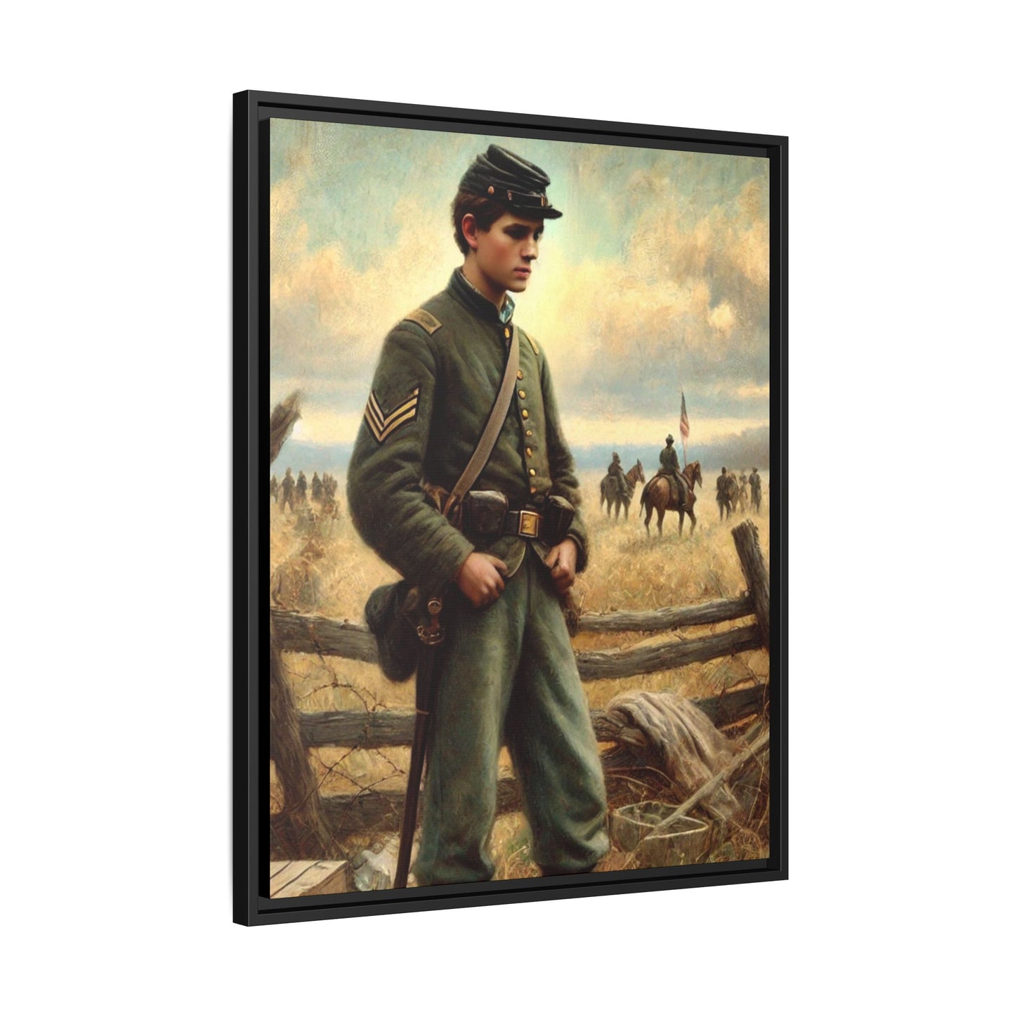 Framed artwork of a young Civil War Union soldier inspired by Walt Whitman’s Drum-Taps poems and Grant Wood's style, depicting battlefield sacrifice, humanity, and historical charm.