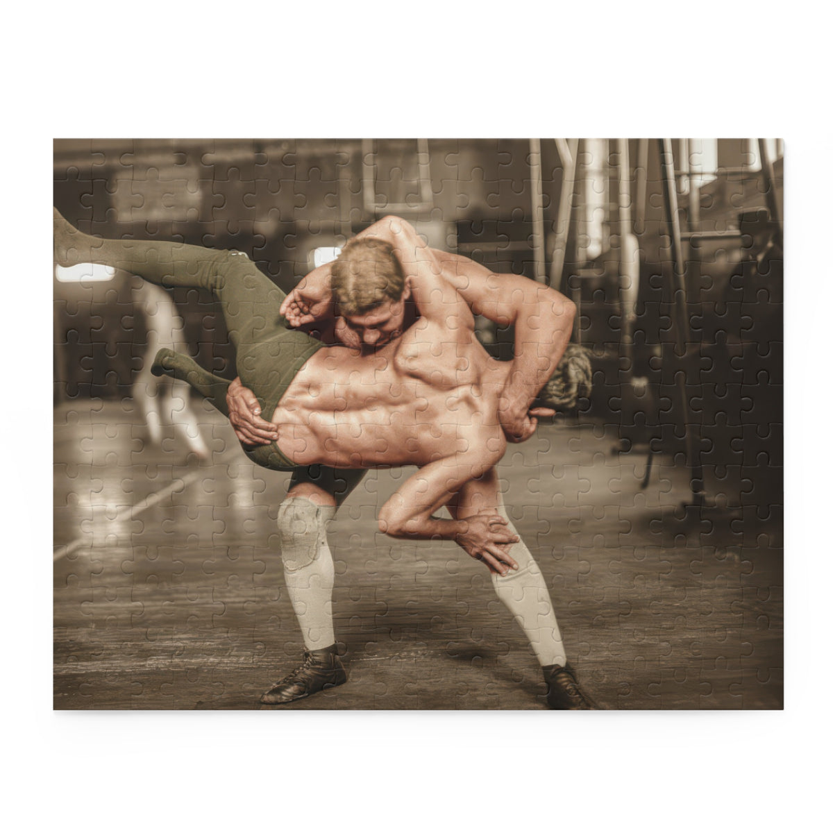 Jigsaw puzzle featuring two wrestlers in a lifting hold, with pale stockings, dark shoes, and a wooden gymnasium floor.