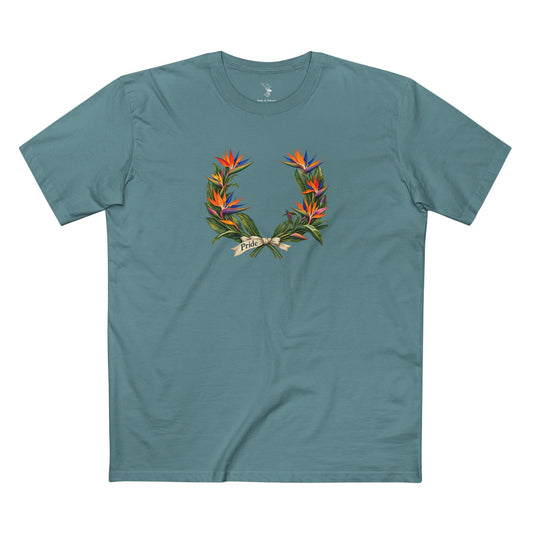 Papua New Guinea edition Pride T-shirt featuring a colorful bird-of-paradise flower crown with green leaves and an ivory Pride ribbon.