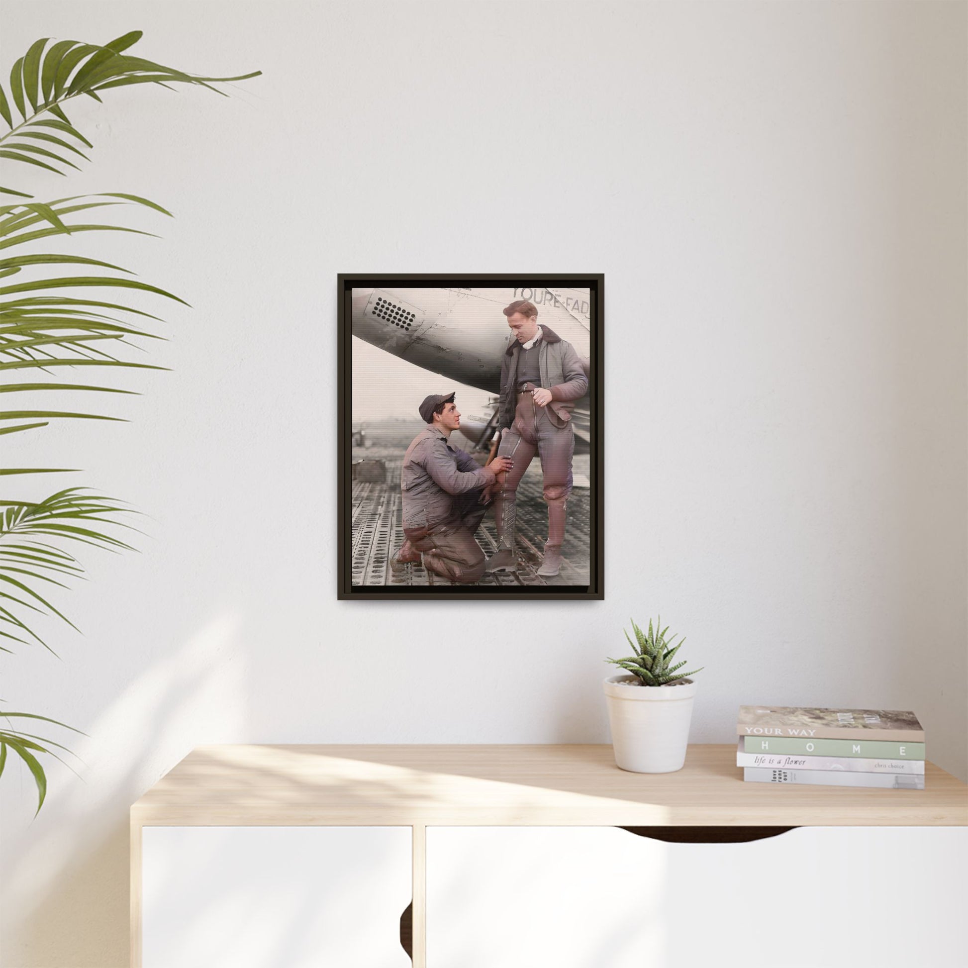 Restored vintage photo of Frank & Albert, a WWII pilot and mechanic on the USS Hornet, framed matte canvas art. US Airforce Gay Couple