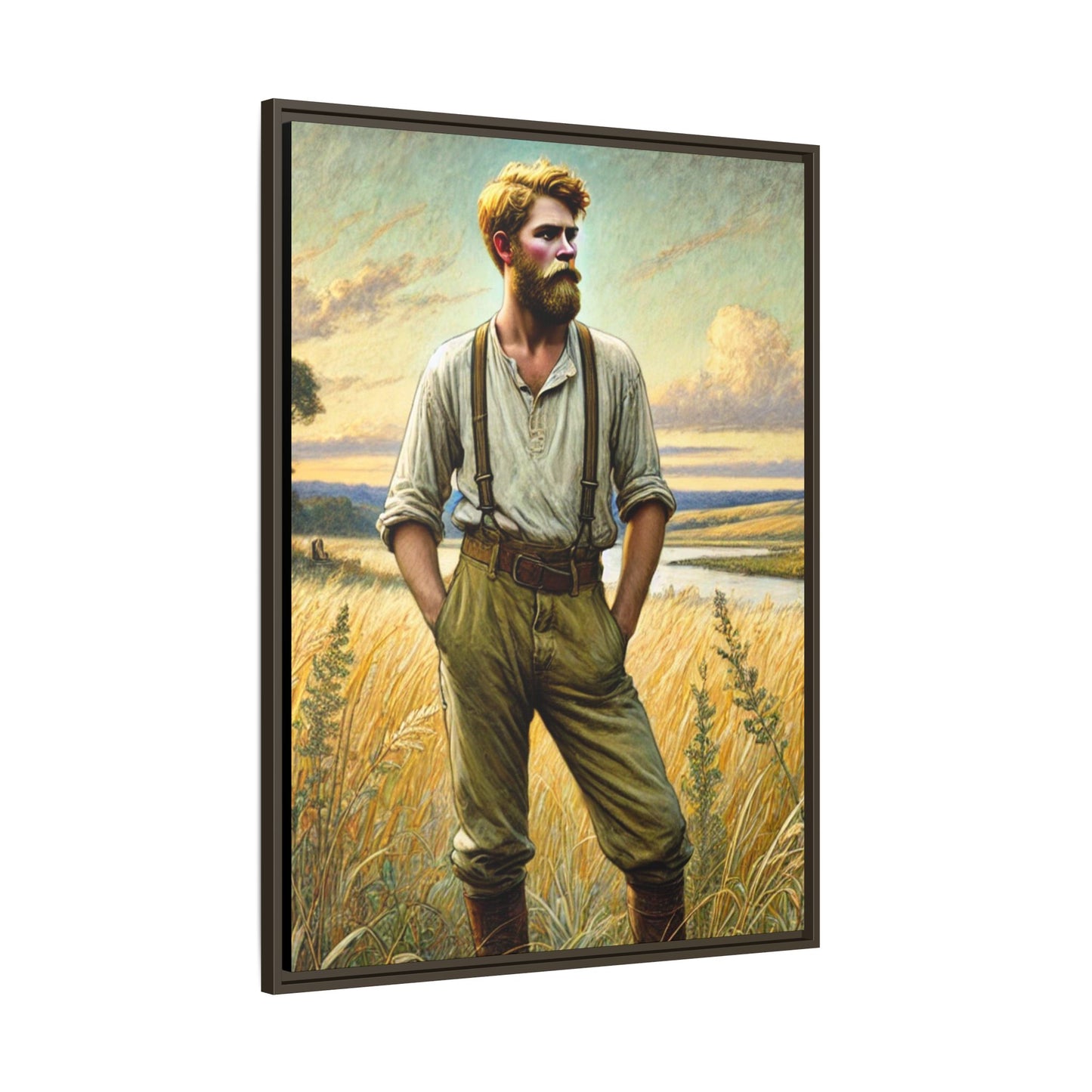 Framed artwork of a confident farmer in 19th-century attire, standing in a golden wheat field, inspired by Walt Whitman’s Song of Myself in Leaves of Grass.