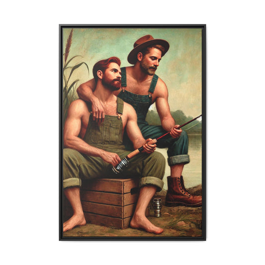 Vintage-style artwork of a gay couple fishing by a tranquil lake in the 1930s, celebrating love and nature.