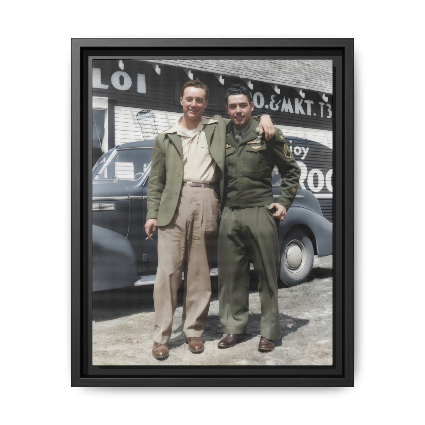 Mid twentieth century portrait of two men beside vintage automobile archival canvas wall art
