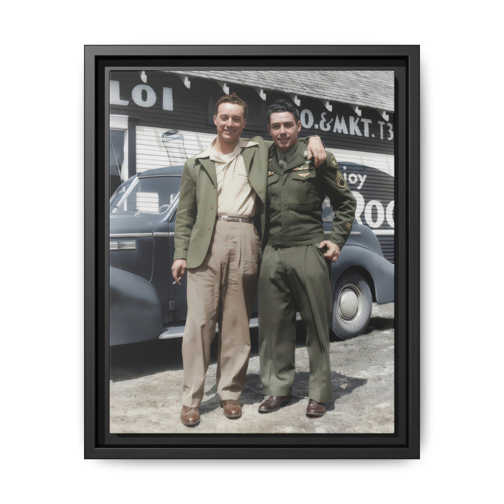 Mid twentieth century portrait of two men beside vintage automobile archival canvas wall art