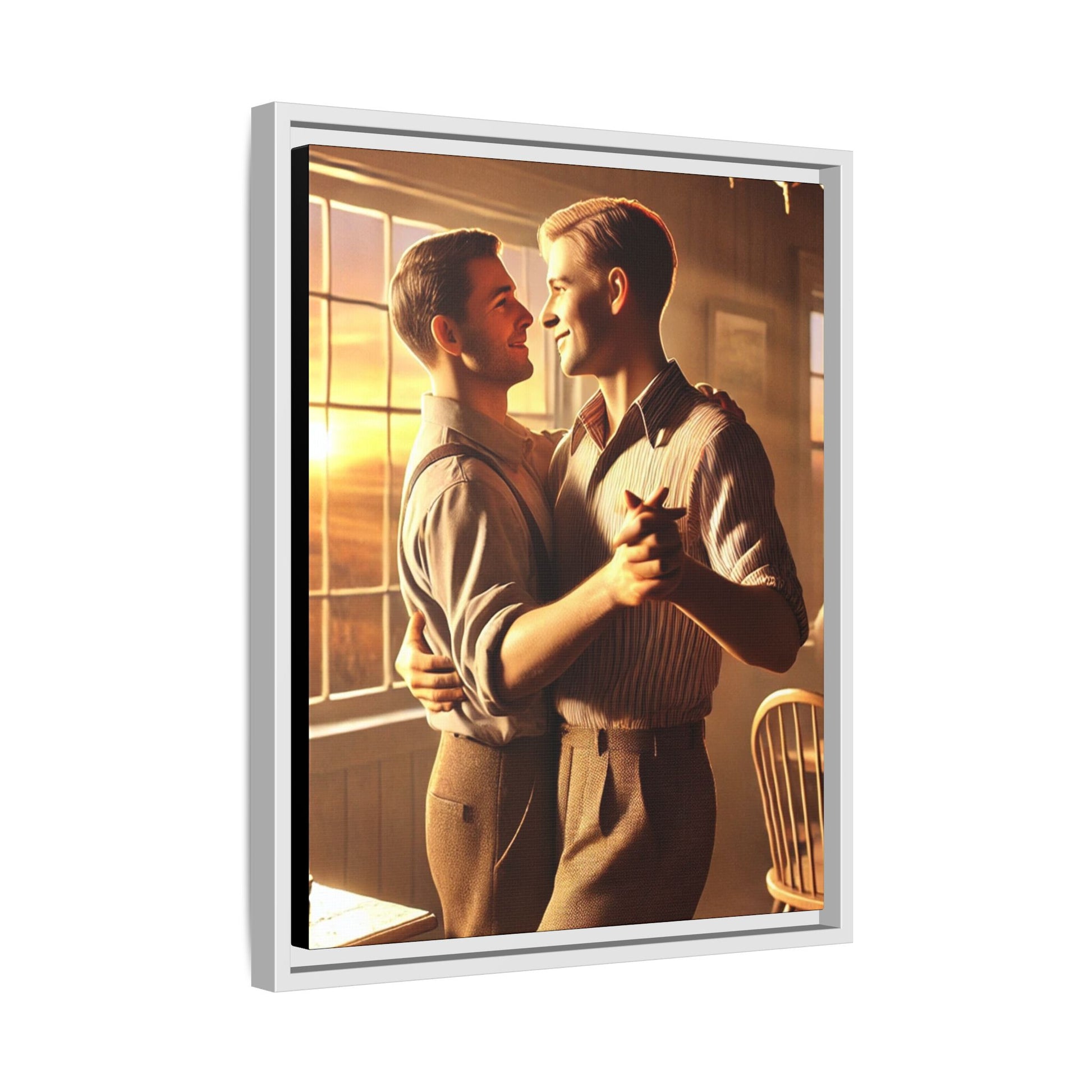 Art of a gay couple dancing in a sunlit dining room, inspired by Grant Wood’s Americana style and celebrating love.