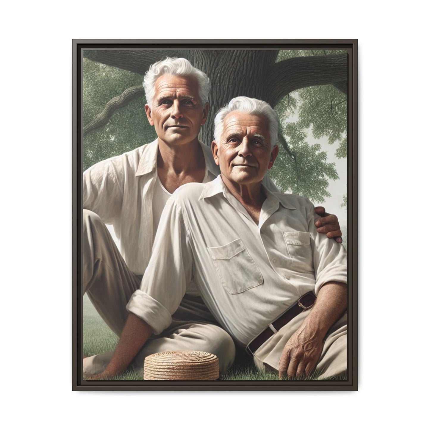 Hyper-realistic painting of an elderly gay couple in 1930s vintage attire under a leafy tree, celebrating love and resilience.