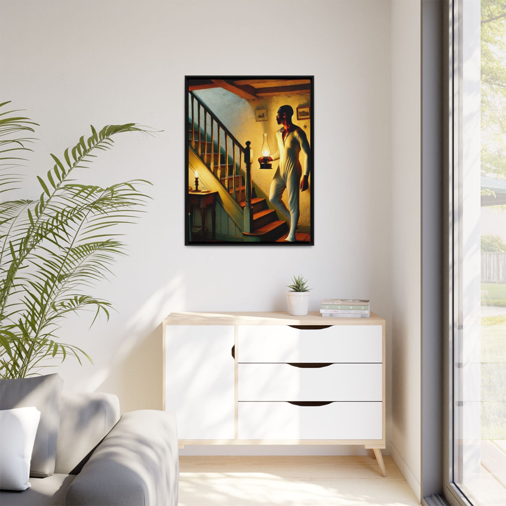 Framed artwork of an African-American man holding a lantern on a staircase, inspired by Grant Wood's style.