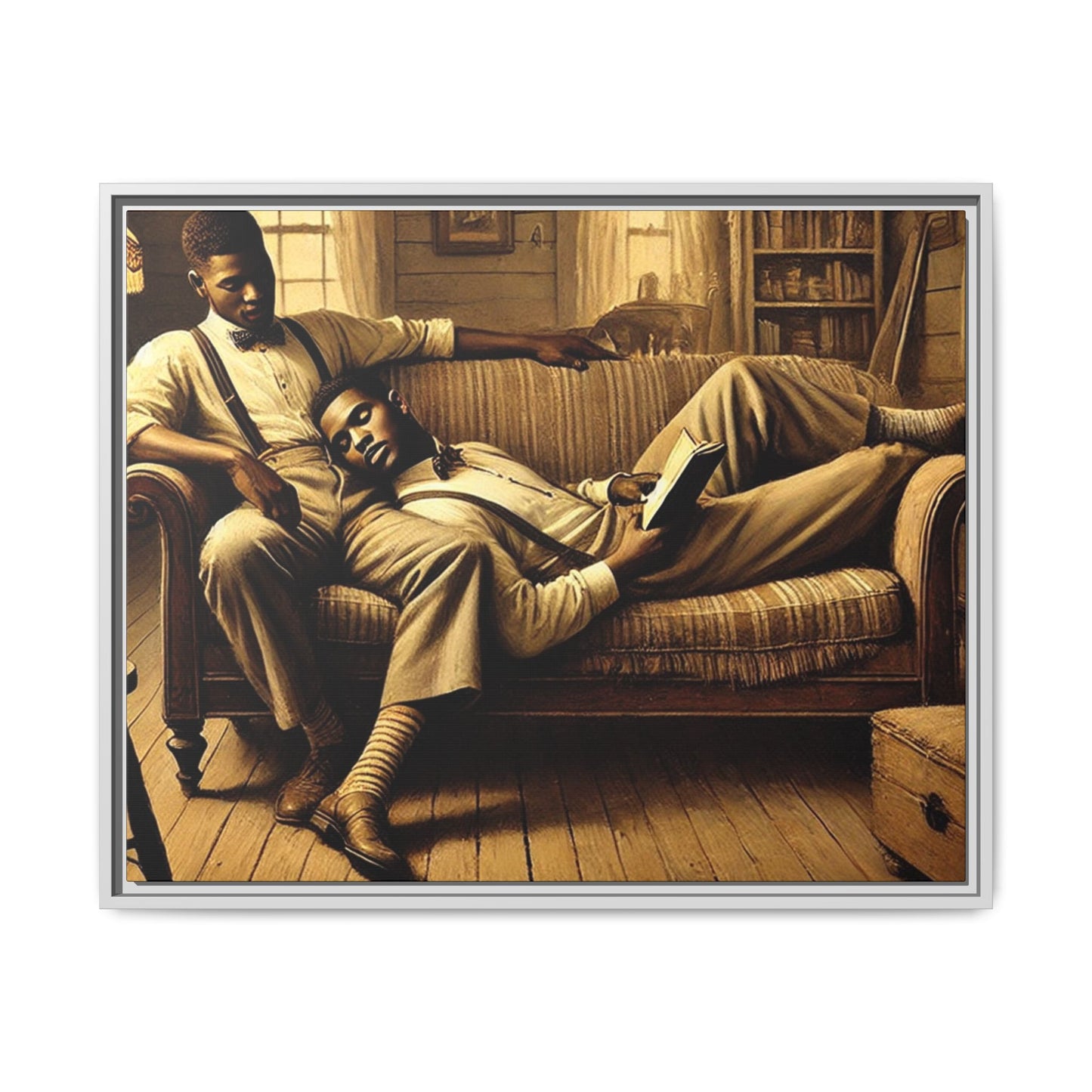 Framed artwork of an African-American gay couple sharing an intimate moment on a rustic sofa, inspired by Grant Wood’s style