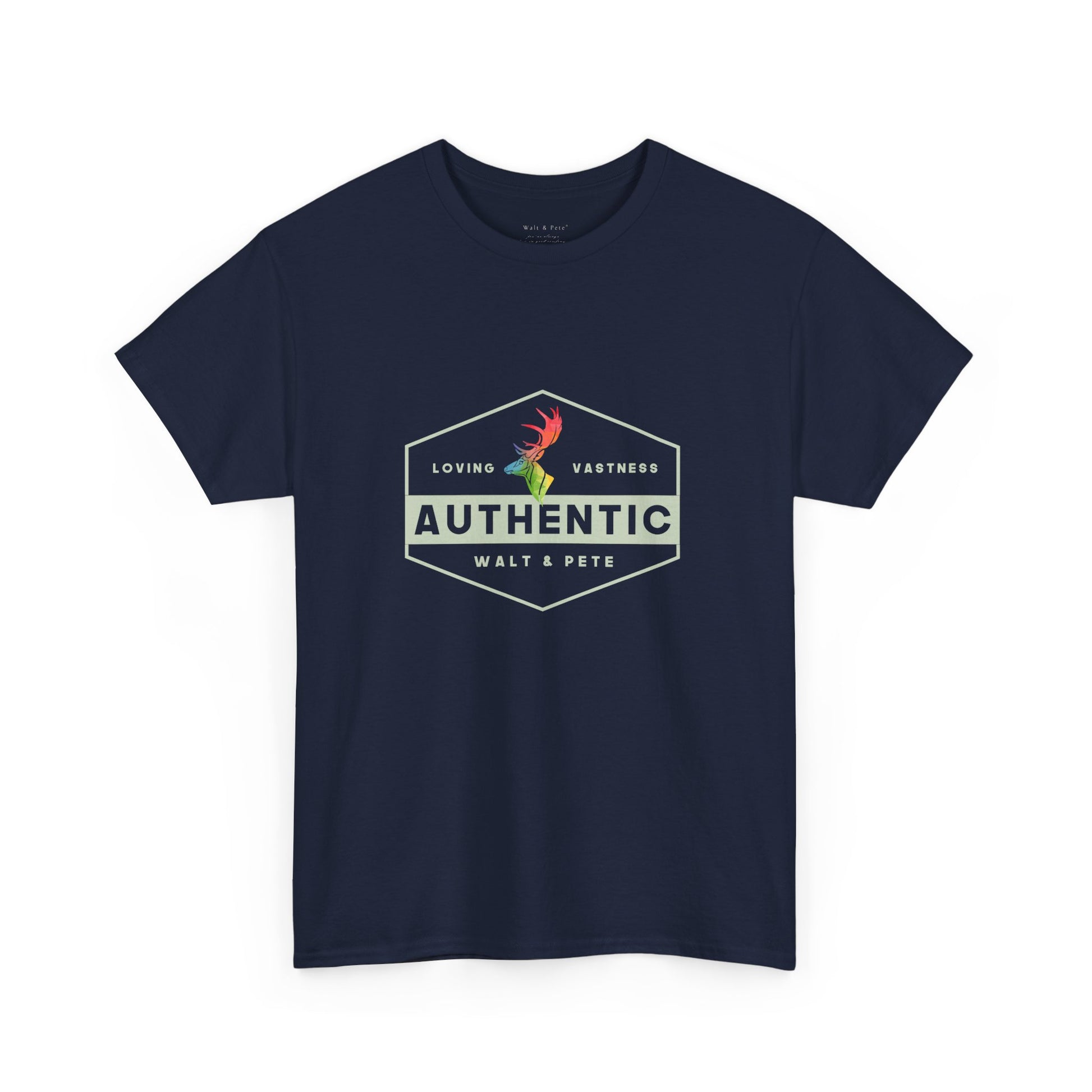 unisex LGBTQ+ t-shirt with a hexagonal badge design reading “Authentic” and “Loving & Vastness,” featuring a rainbow antler—symbolizing self-love, queer pride, and emotional depth.