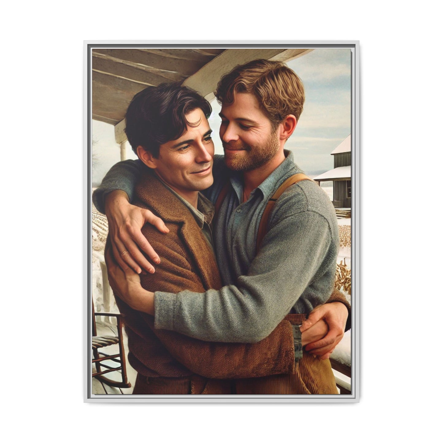 Artwork of a tender moment between two men embracing on a rustic farm porch in 1930s-style clothing. Set against a snowy, vintage rural backdrop, this image captures LGBTQ+ love and connection with a nostalgic Americana feel