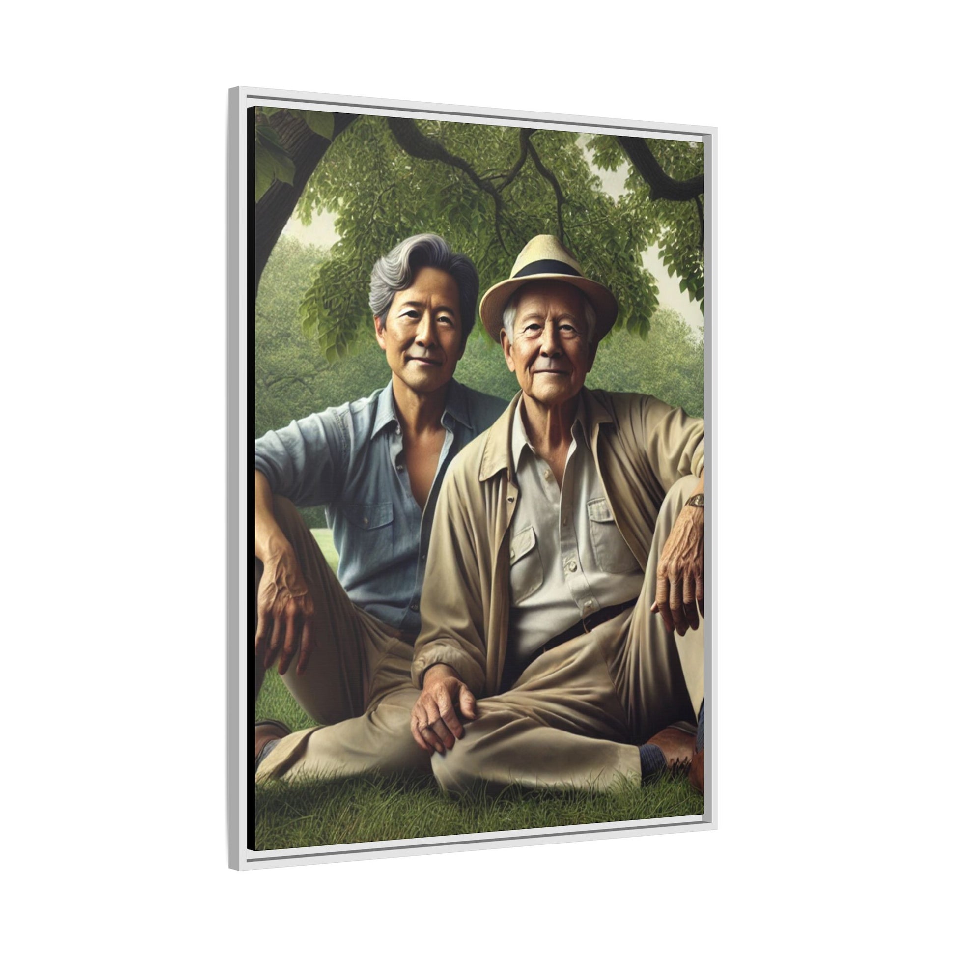 Hyper-realistic painting of an elderly Asian-American gay couple in 1930s attire under a leafy tree, celebrating love and resilience.