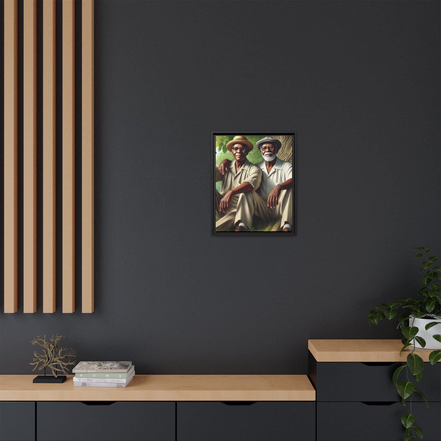 Framed artwork of a gay African-American couple in Cedar Rapids, Iowa, 1930s, celebrating love and resilience.