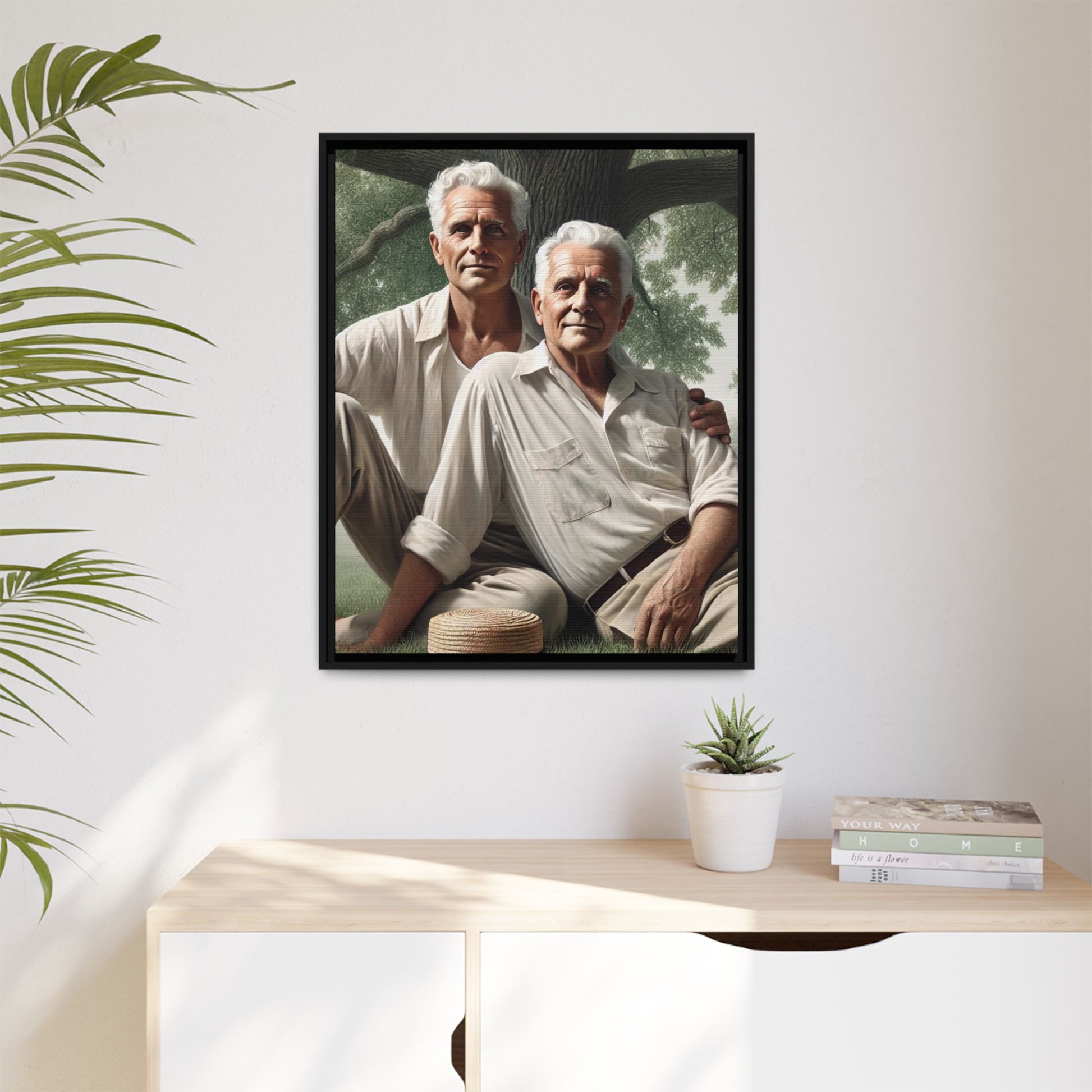 Hyper-realistic painting of an elderly gay couple in 1930s vintage attire under a leafy tree, celebrating love and resilience.