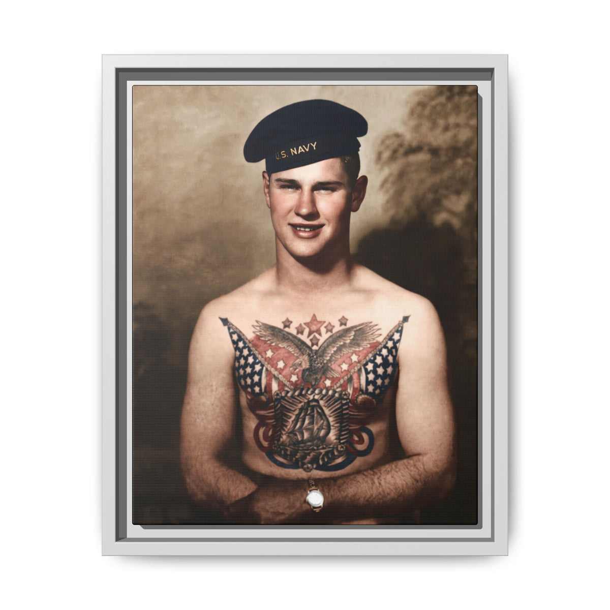 Colorized vintage sailor portrait with a dark navy cap, wristwatch, and red-and-blue maritime tattoo against a warm patterned backdrop.