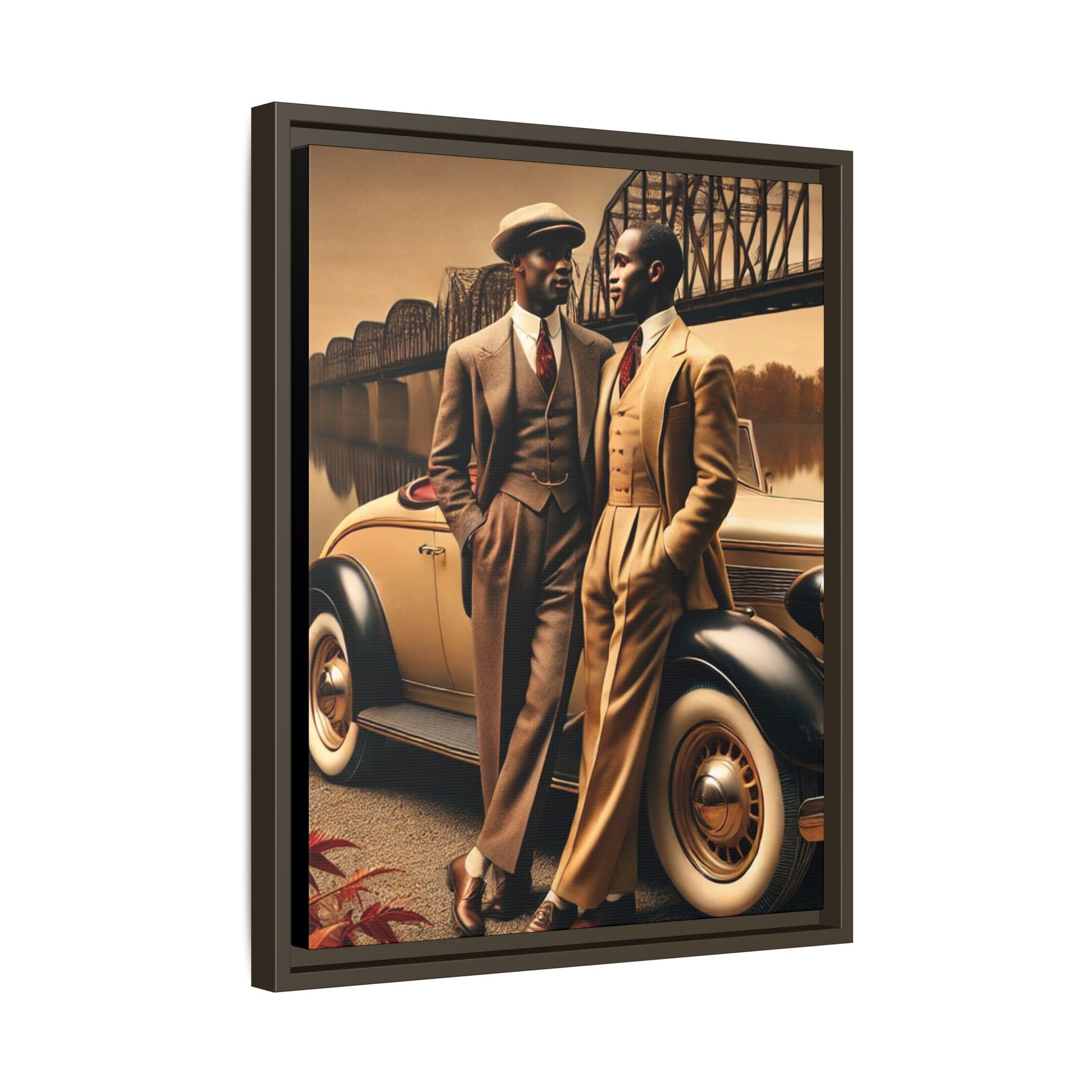 Vintage-style artwork of an African-American gay couple in the 1930s by the Mississippi River with a Packard car, celebrating love and resilience.