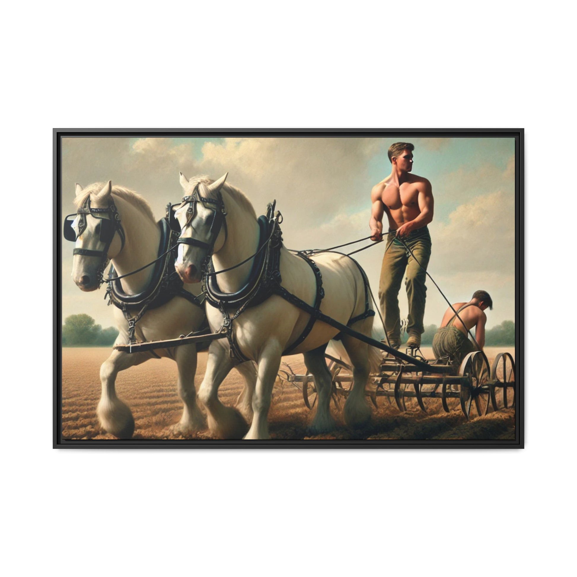 Vintage-style artwork of a shirtless man plowing a field with white horses, celebrating rural life and resilience.