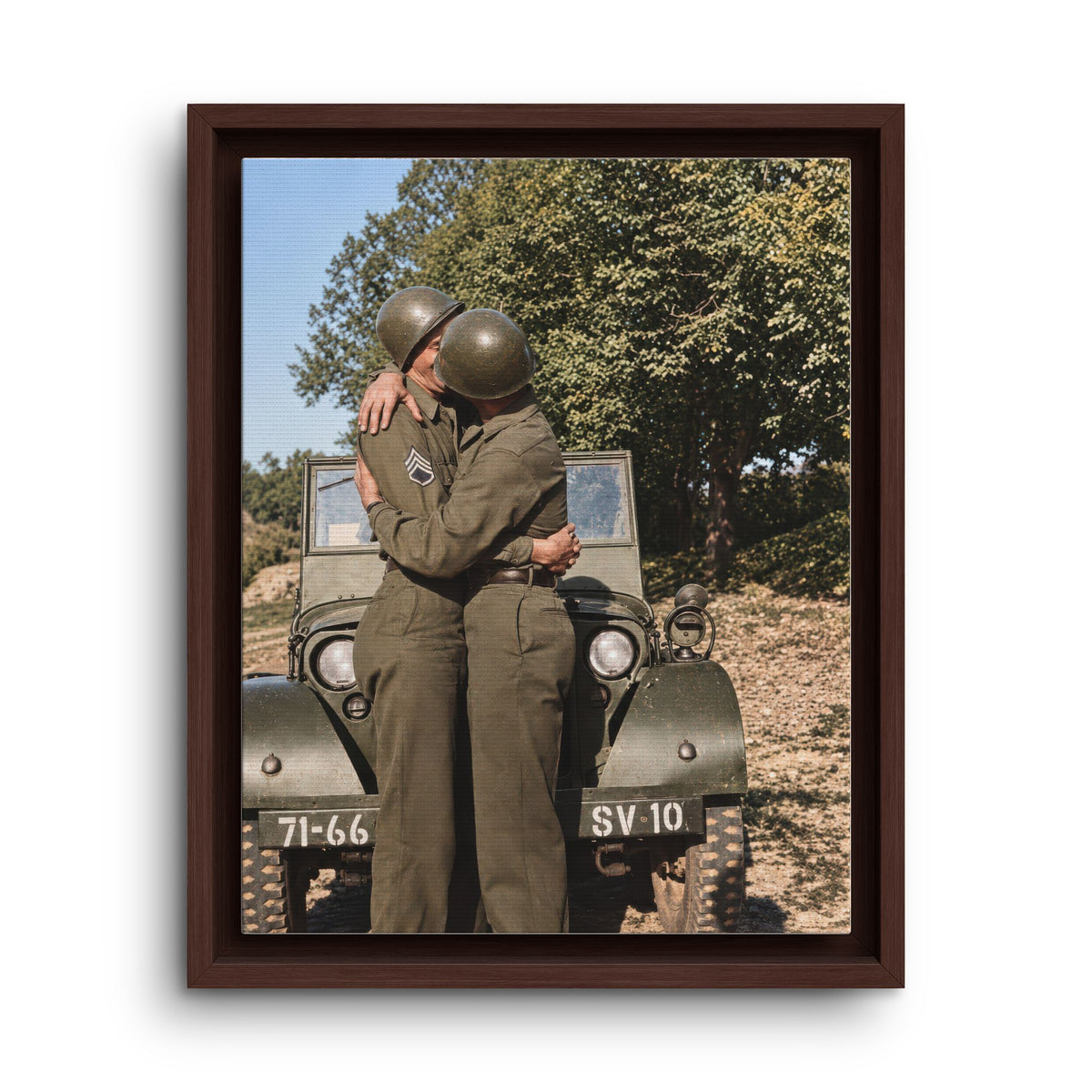 Historic military double portrait with steel helmets reproduced as framed canvas wall art