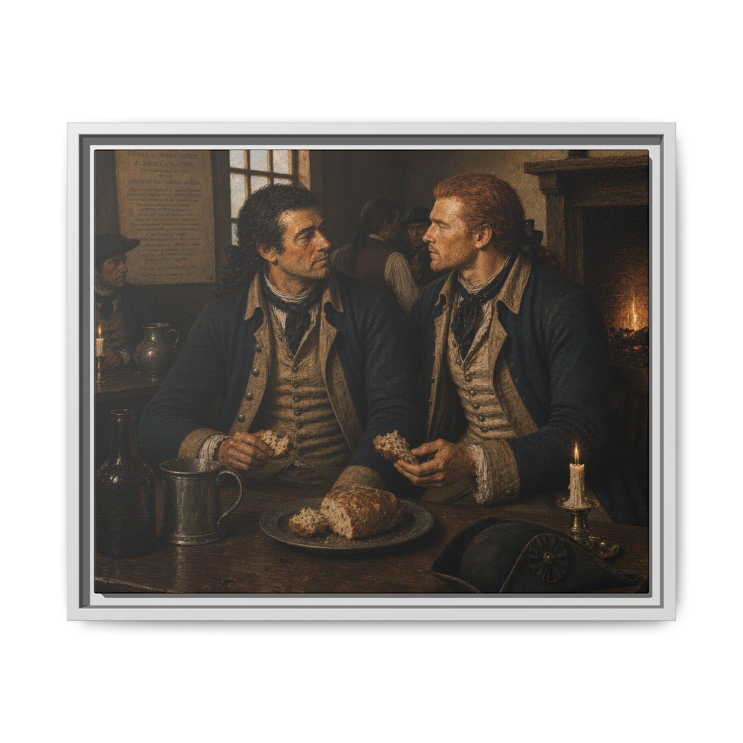 Museum-inspired Revolutionary War canvas showing Continental soldiers sharing bread and conversation near a hearth after Yorktown.