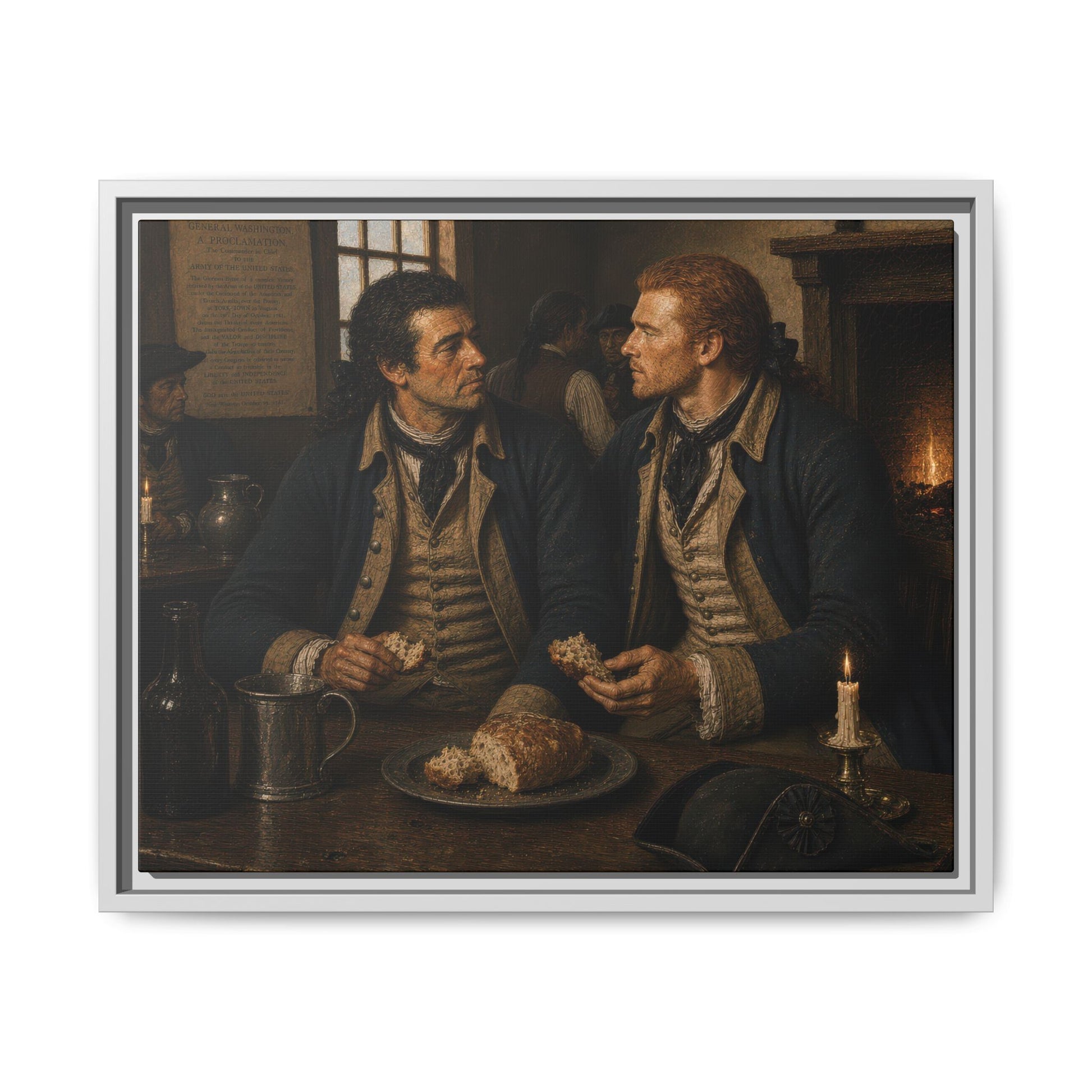 Museum-inspired Revolutionary War canvas showing Continental soldiers sharing bread and conversation near a hearth after Yorktown.
