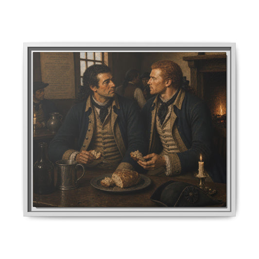 Museum-inspired Revolutionary War canvas showing Continental soldiers sharing bread and conversation near a hearth after Yorktown.